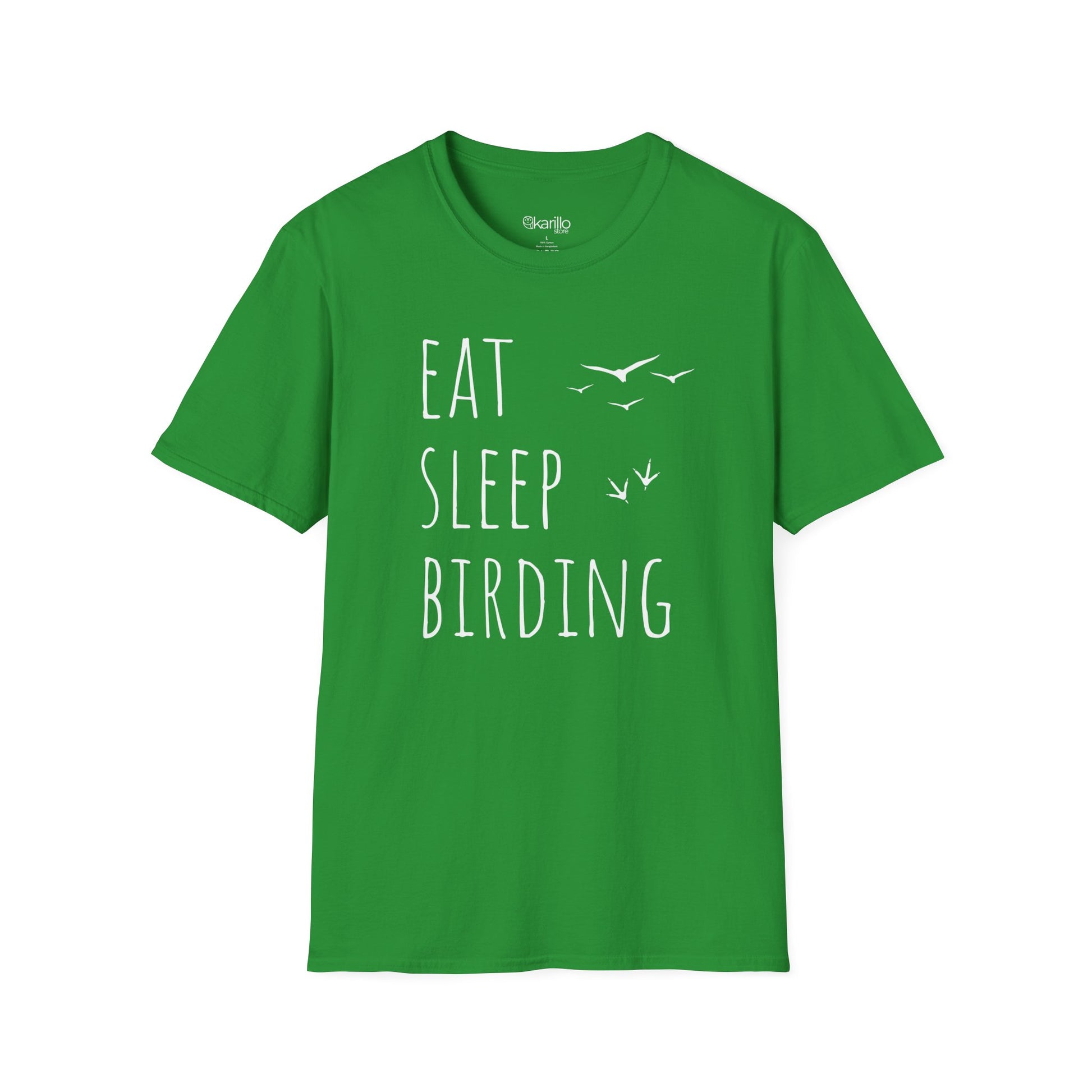 green t-shirt with 'Eat Sleep Birding' text and bird illustrations on a white background
