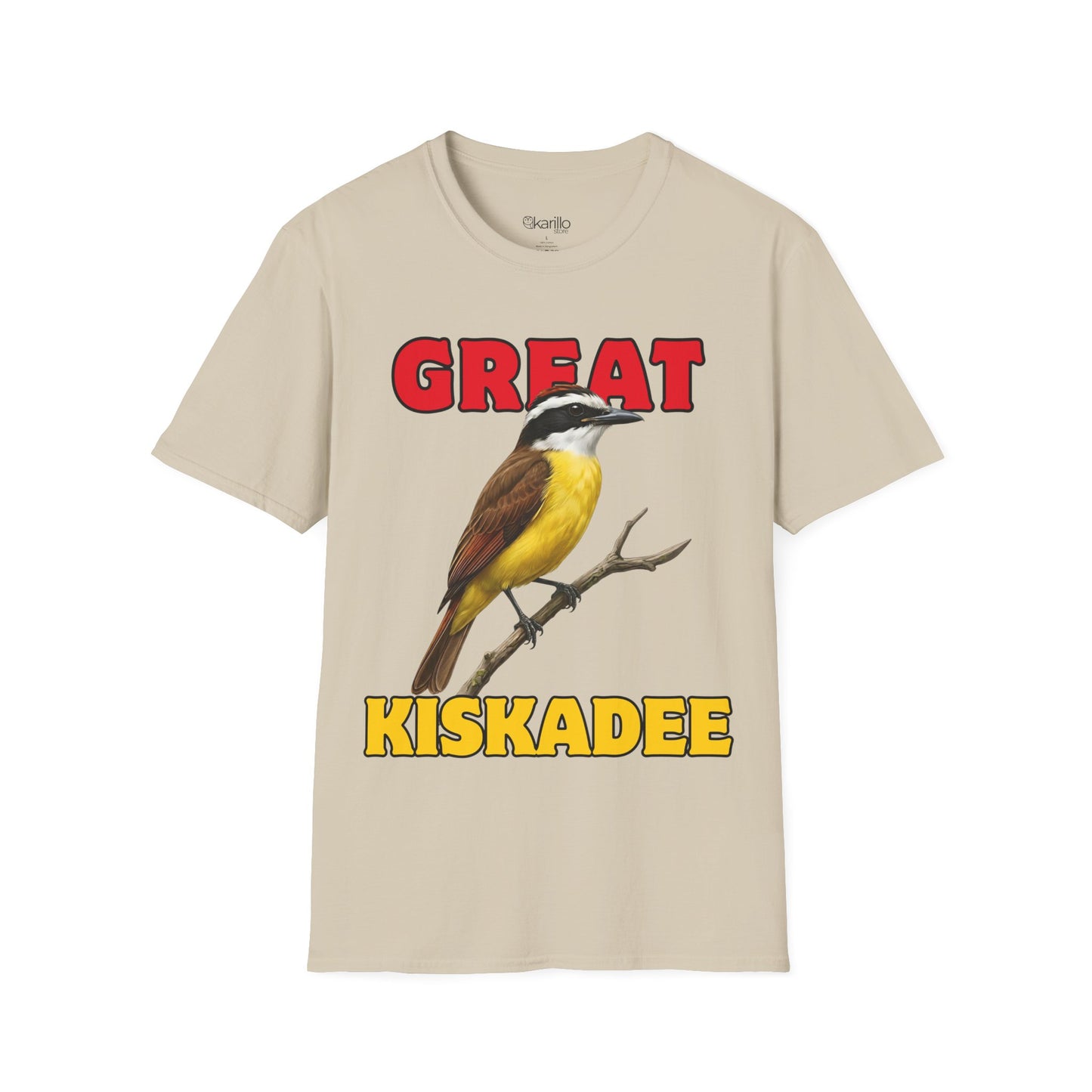 Beige t-shirt with a bird graphic and text 'GREAT KISKADEE' on a white background