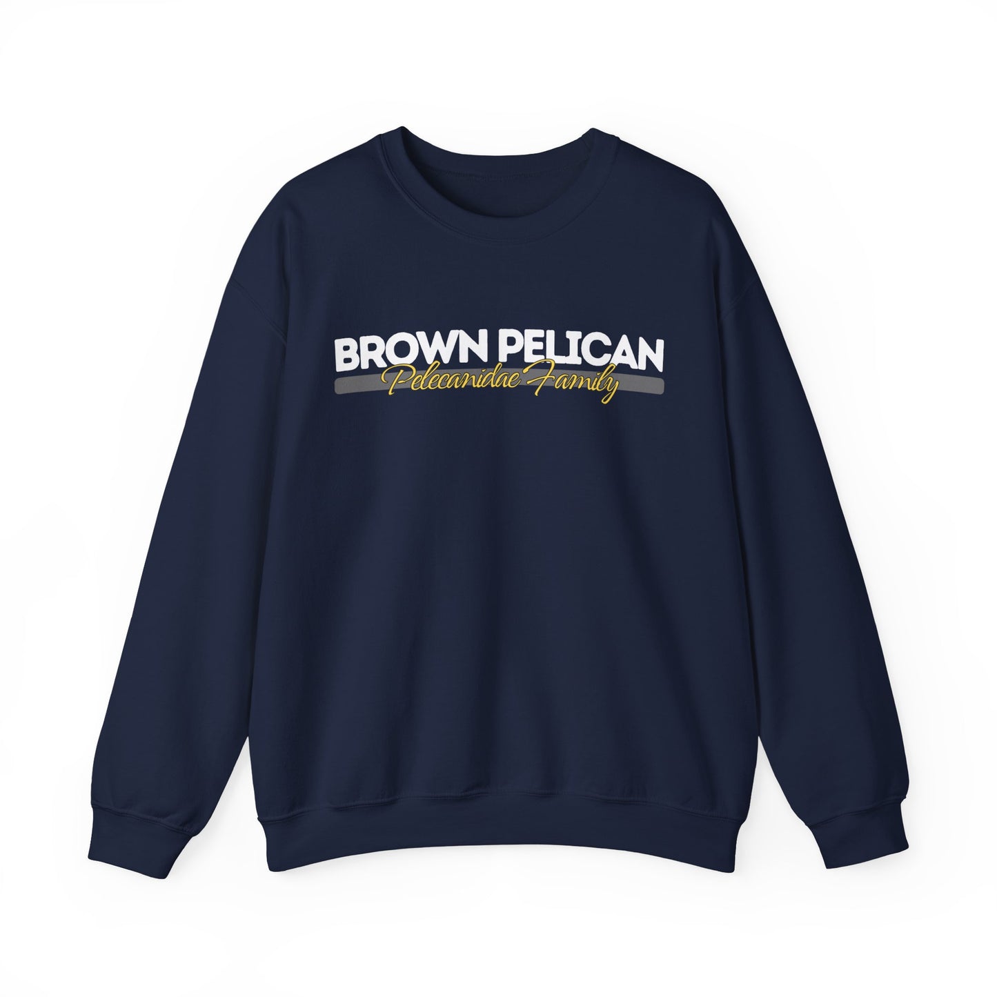 Navy blue sweatshirt with 'Brown Pelican' text on a white background