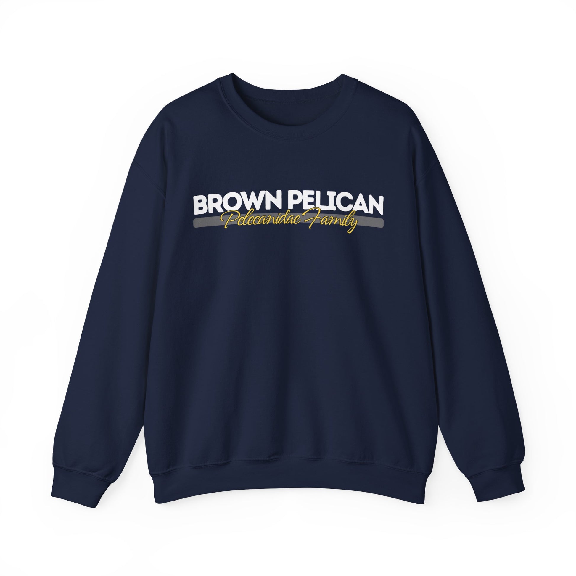 Navy blue sweatshirt with 'Brown Pelican' text on a white background