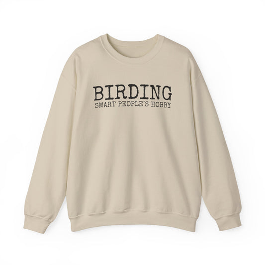 Beige sweatshirt with 'BIRDING SMART PEOPLE'S HOBBY' text on a white background