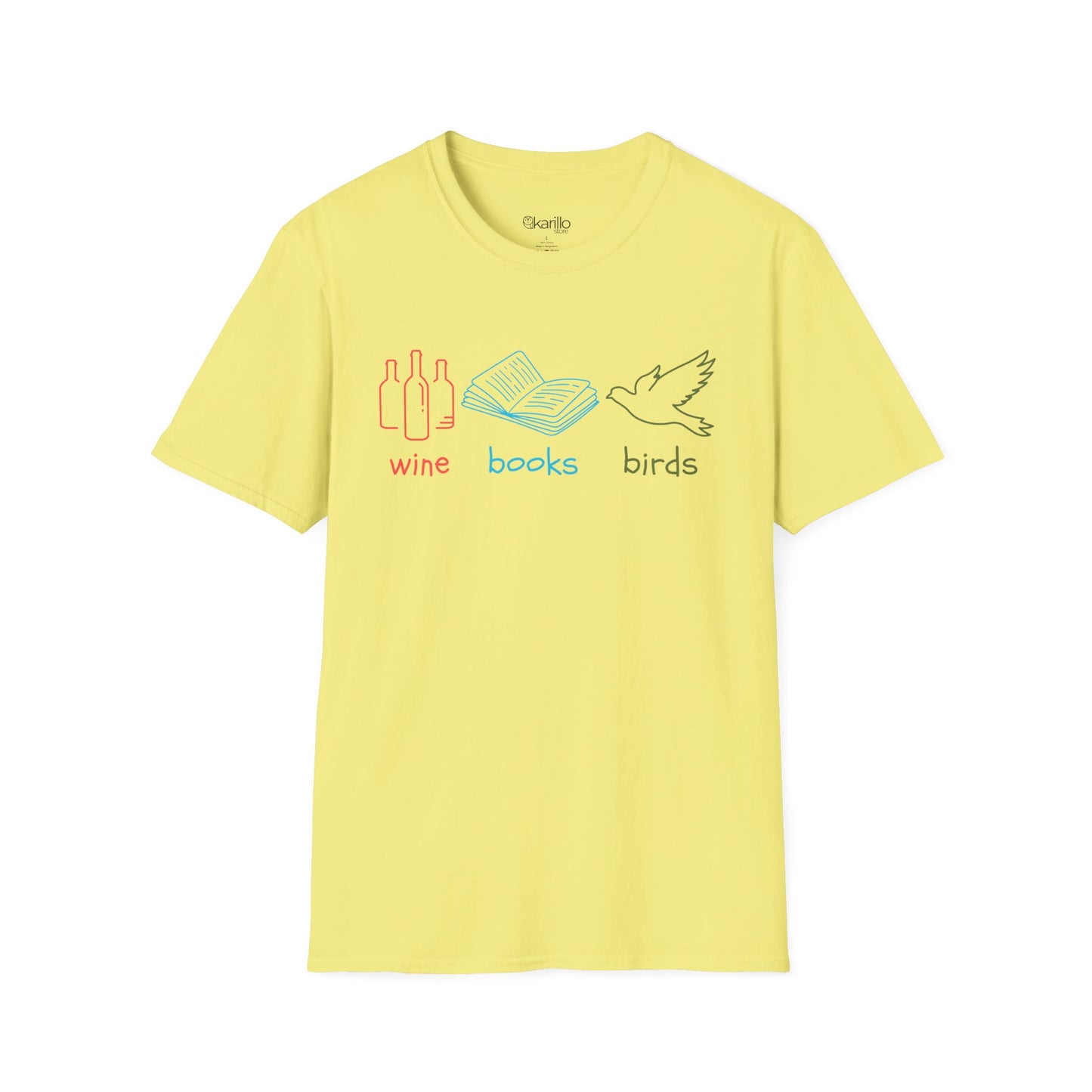 Yellow t-shirt with colorful graphics and text "wine books birds"on a white background