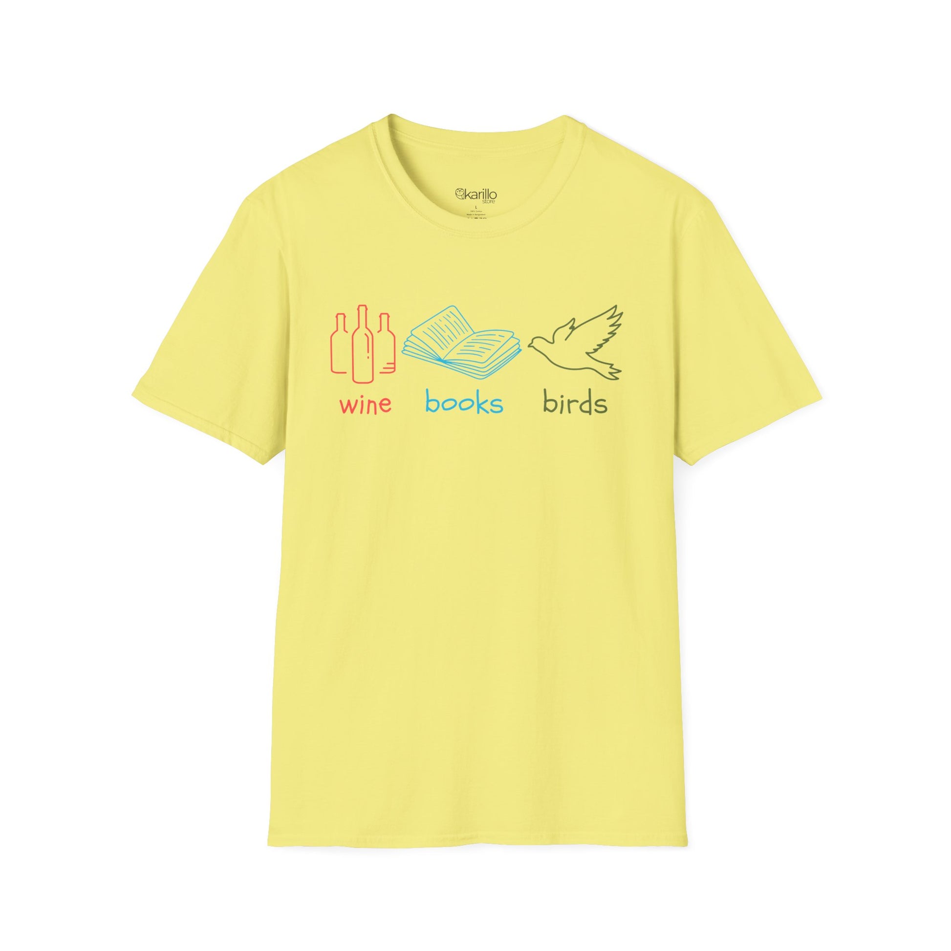 Yellow t-shirt with colorful graphics and text "wine books birds"on a white background