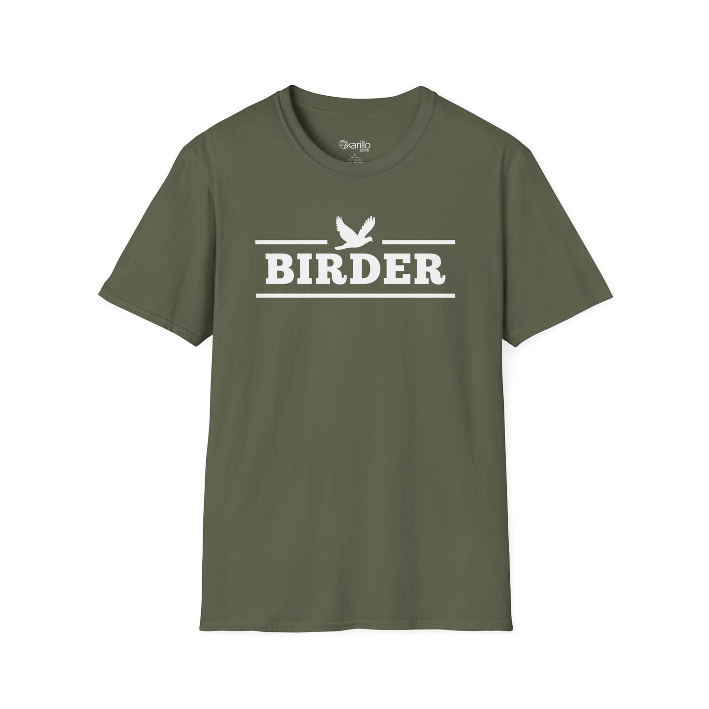 Military green Birder T-shirt with white birdwatching graphic, retro collegiate style birding apparel for men and women.