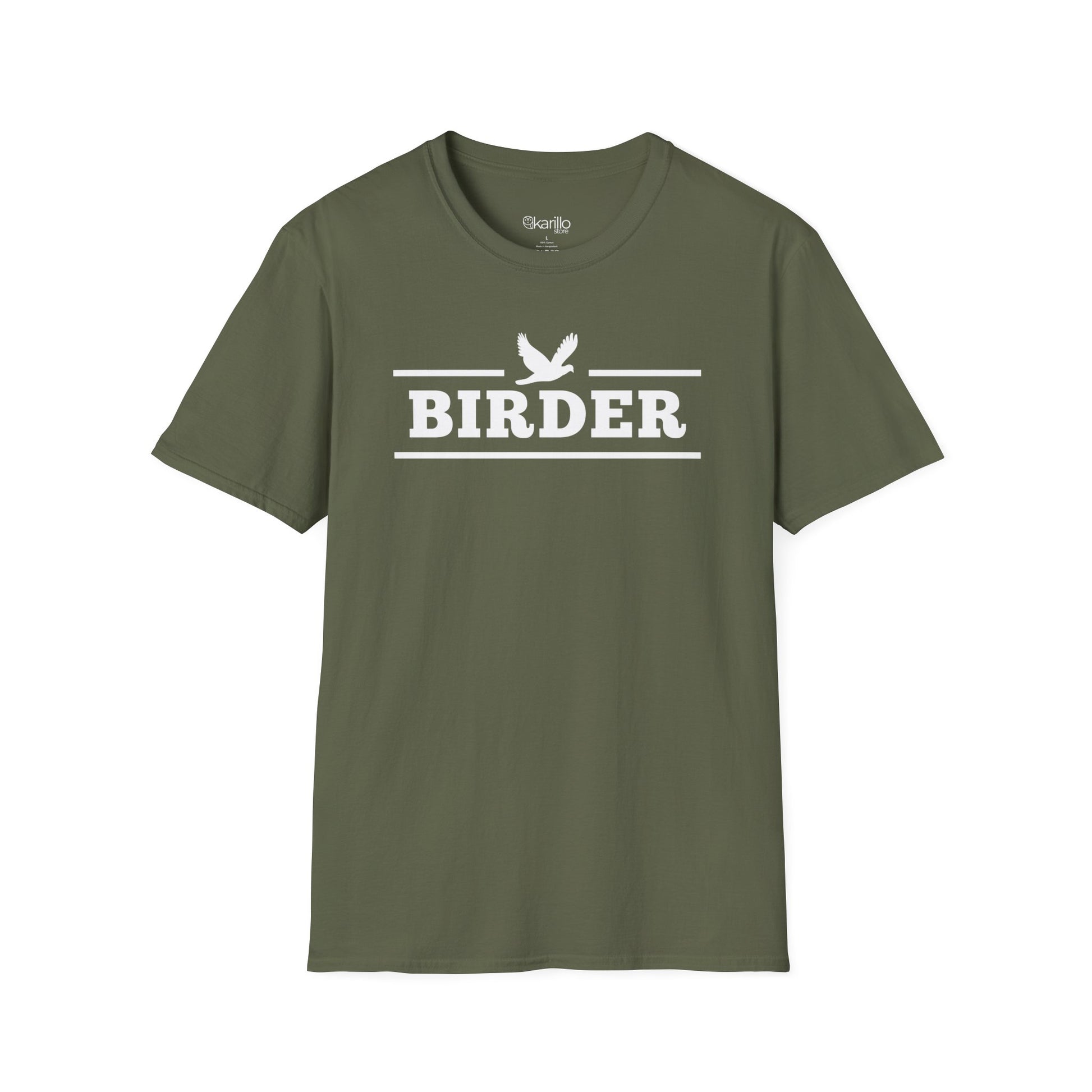 Military green Birder T-shirt with white birdwatching graphic, retro collegiate style birding apparel for men and women.