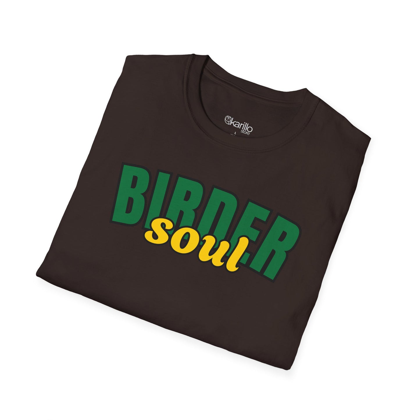 Folded brown t-shirt with 'BIRDER soul' text in green and yellow on a white background