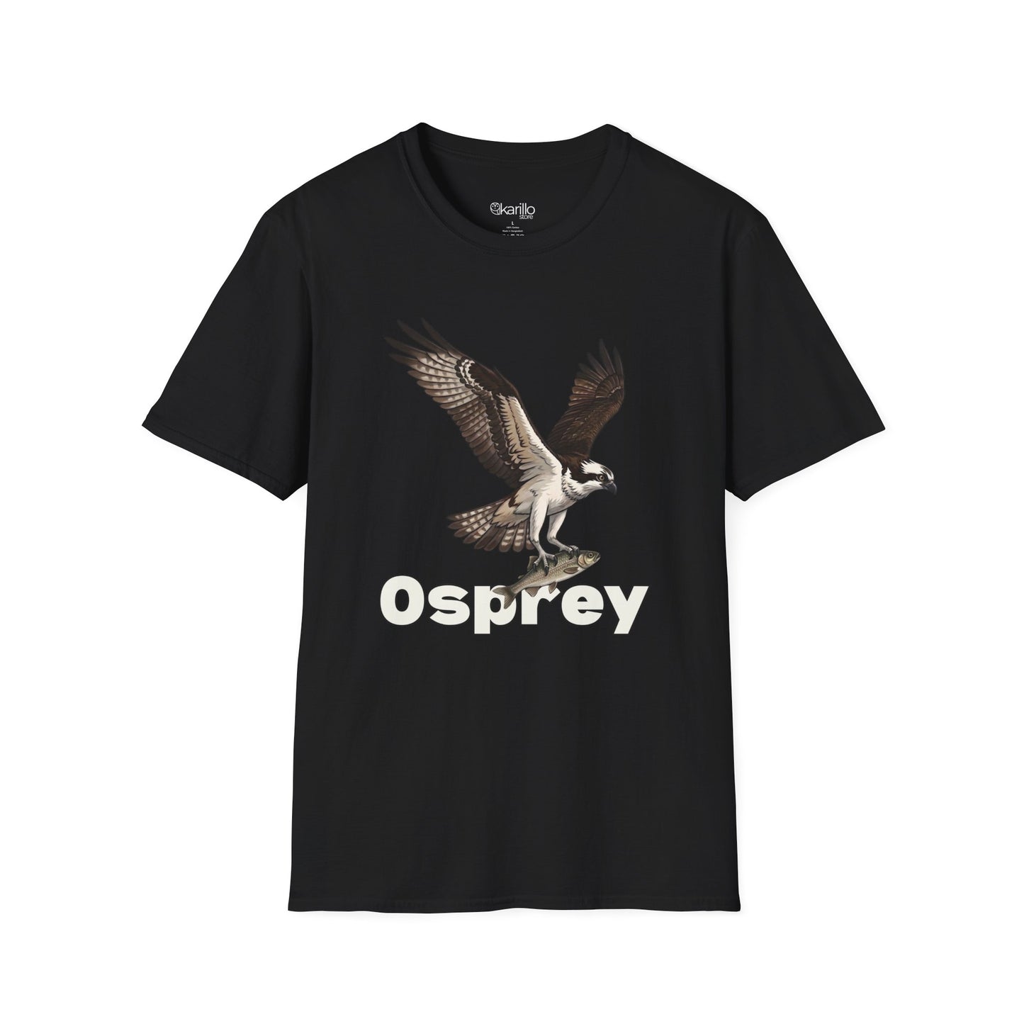 Black t-shirt with an osprey graphic and 'Osprey' text on a white background