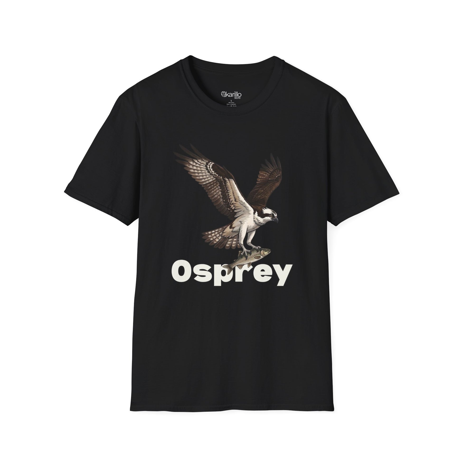 Black t-shirt with an osprey graphic and 'Osprey' text on a white background