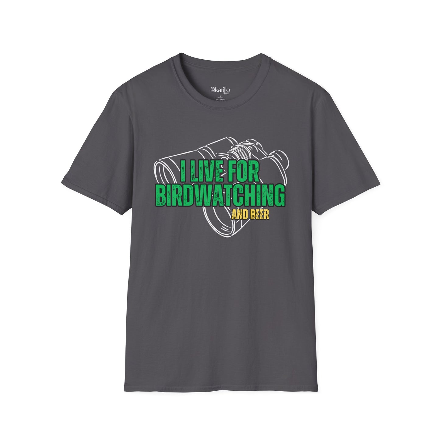 gray t-shirt with birdwatching and beer graphic and text on a white background