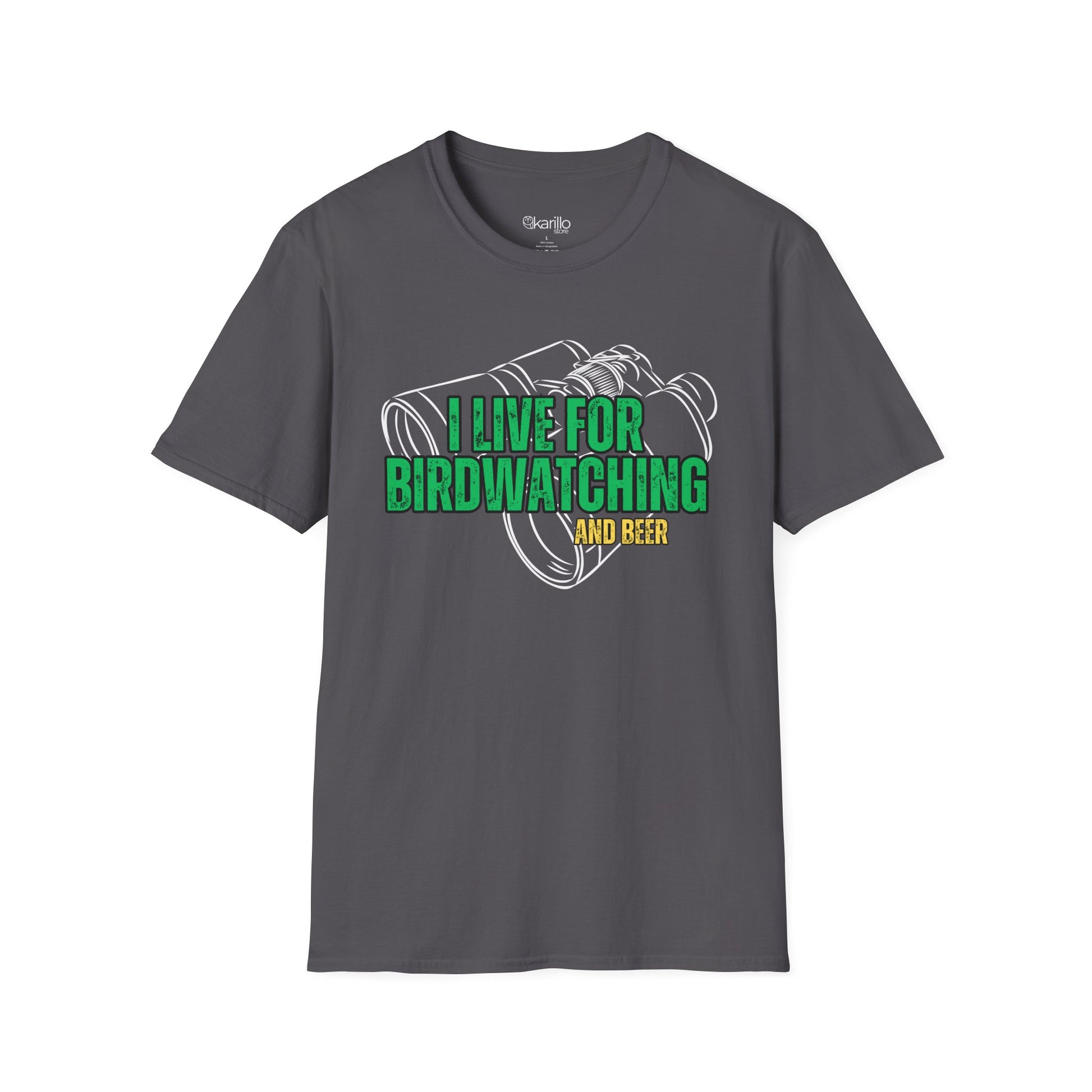 gray t-shirt with birdwatching and beer graphic and text on a white background