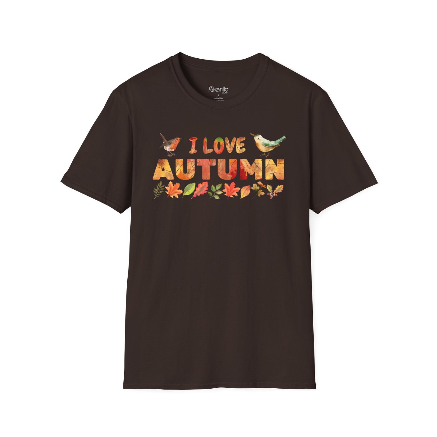 Brown t-shirt with 'I Love Autumn' text and fall-themed graphics on a white background