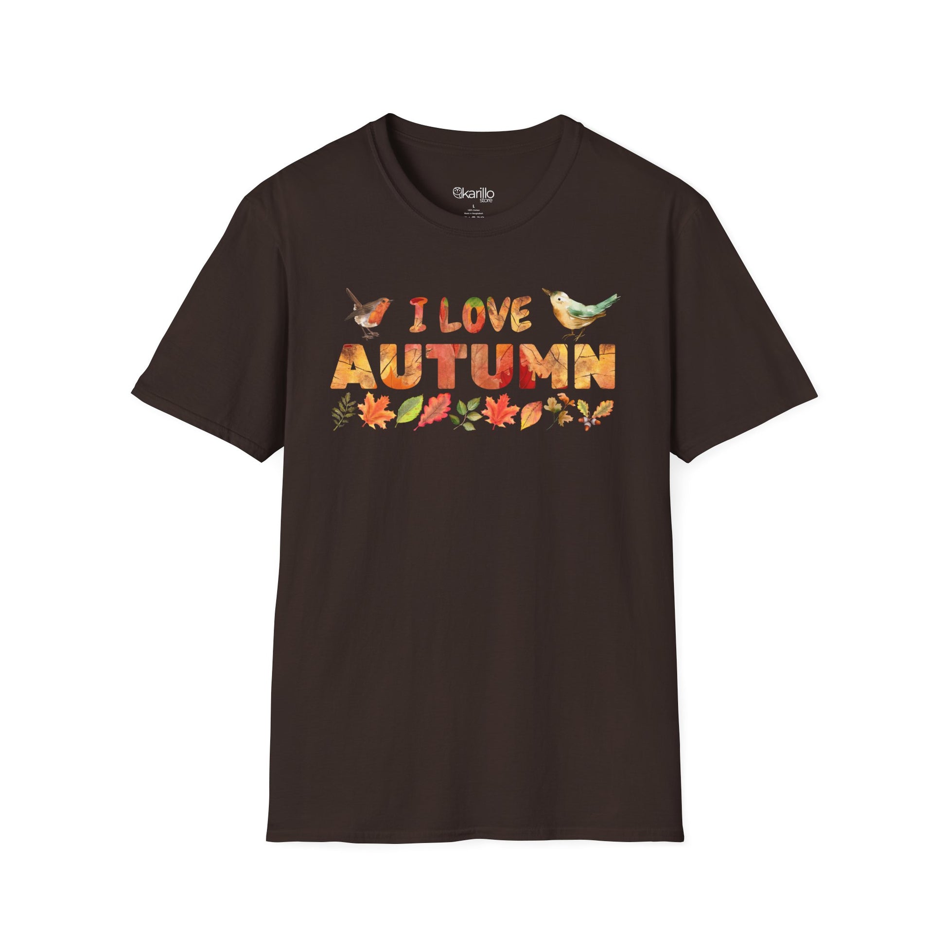 Brown t-shirt with 'I Love Autumn' text and fall-themed graphics on a white background