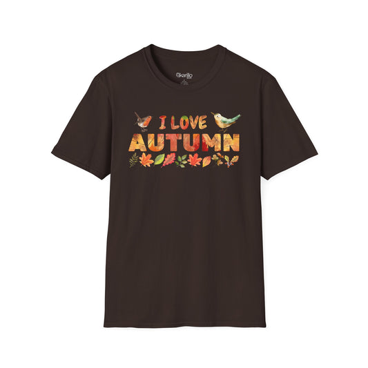 Brown t-shirt with 'I Love Autumn' text and fall-themed graphics on a white background