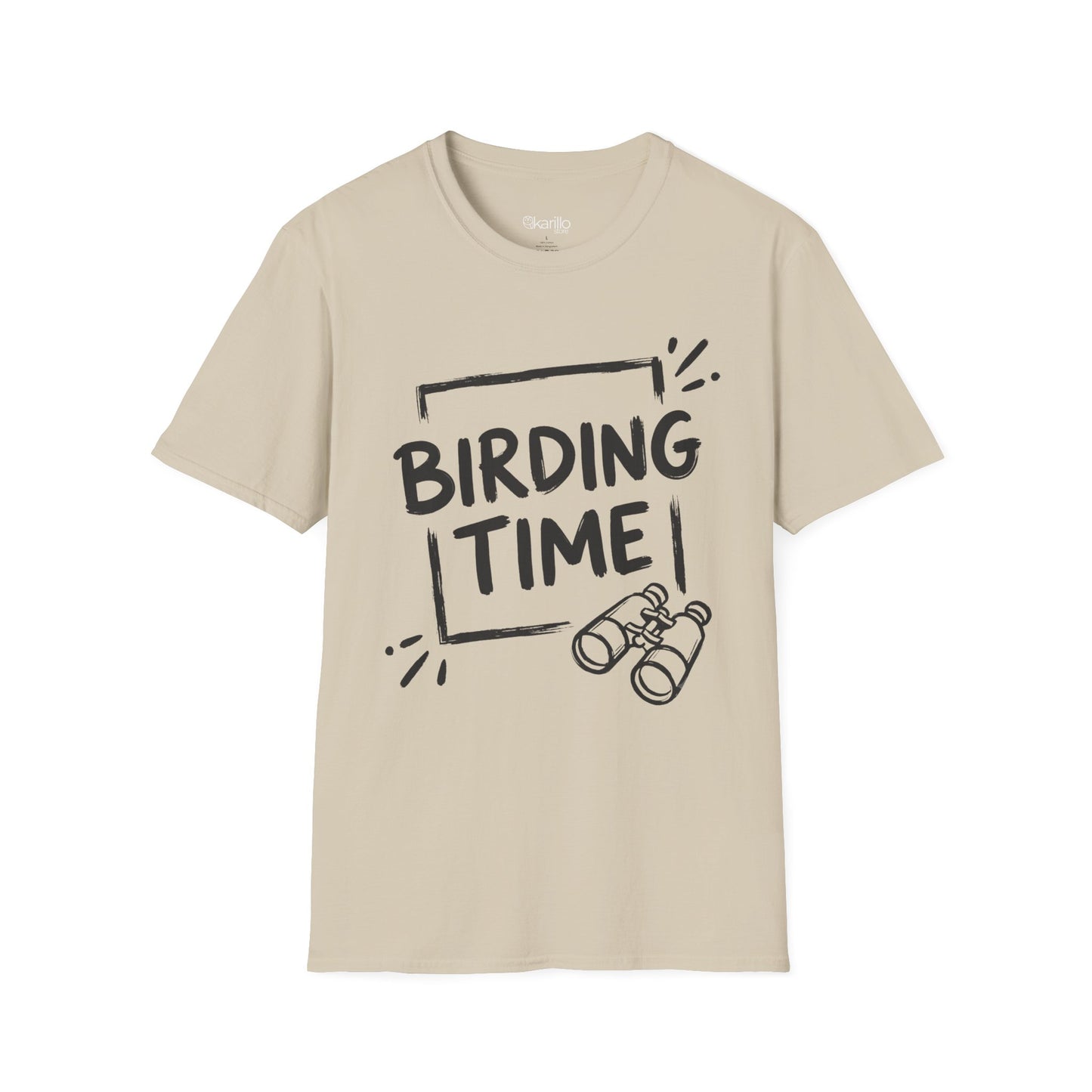 Beige t-shirt with 'BIRDING TIME' text and binocular graphic on a white background
