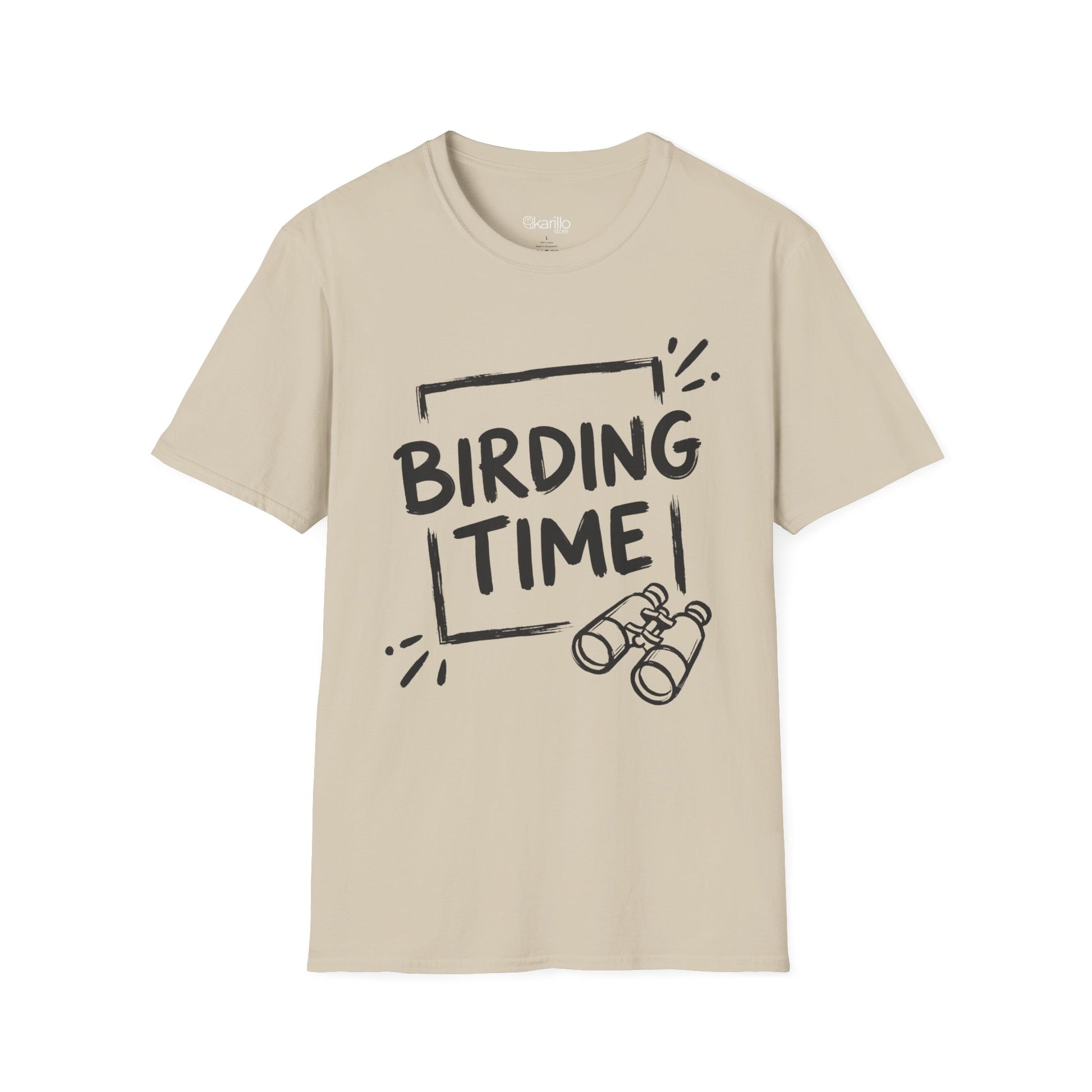 Beige t-shirt with 'BIRDING TIME' text and binocular graphic on a white background