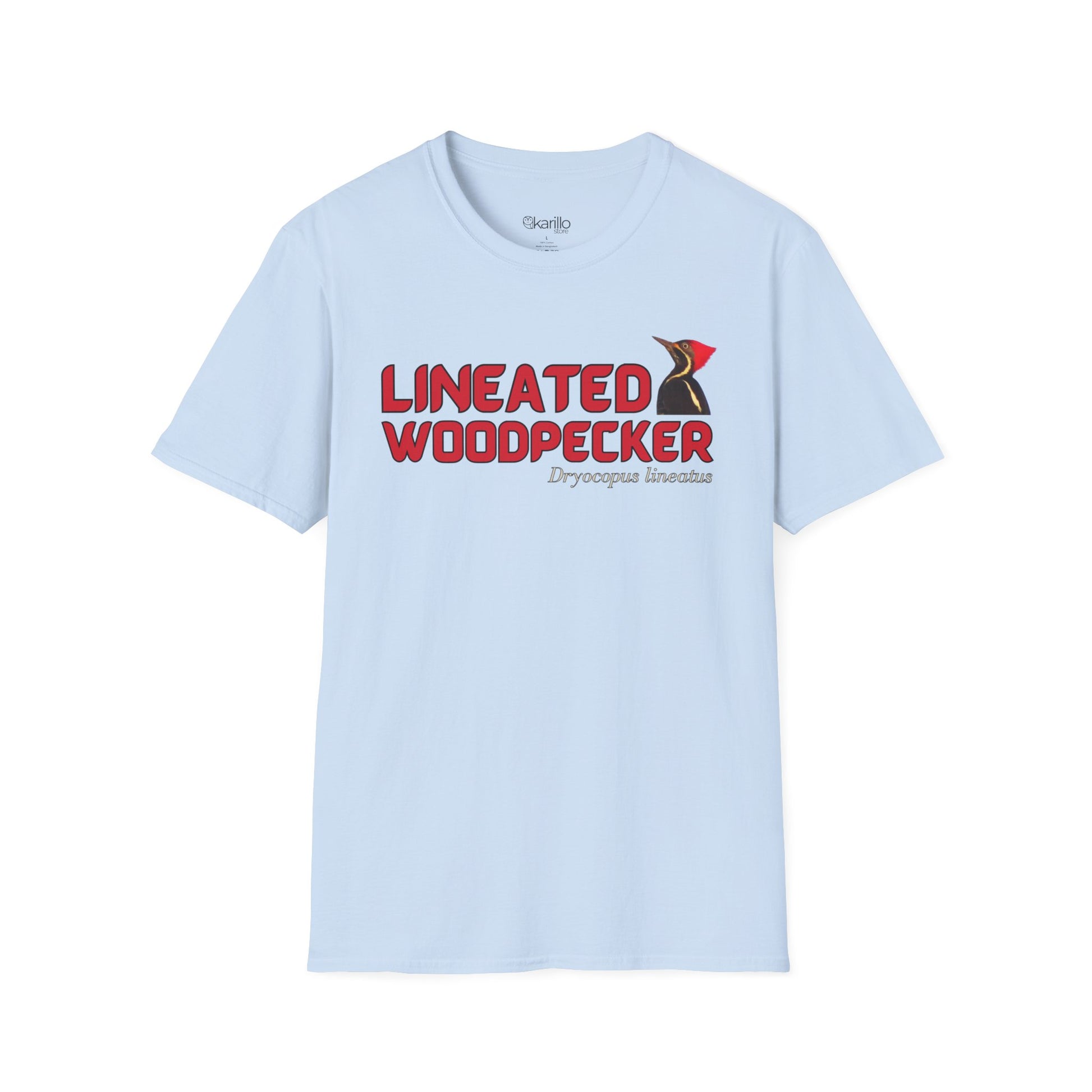 Front view light blue t-shirt with "lineated woodpecker" text on a white background