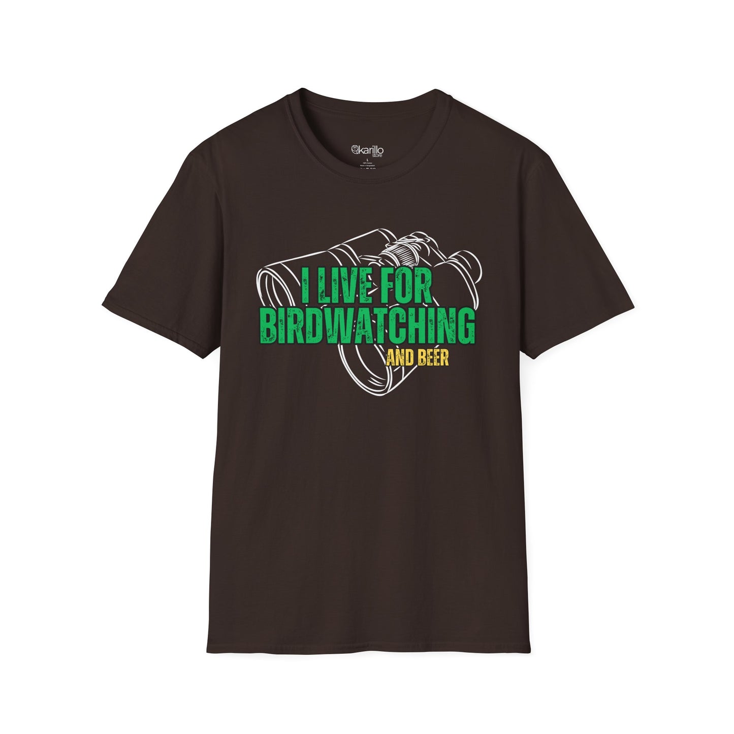 brown t-shirt with birdwatching and beer graphic and text on a white background