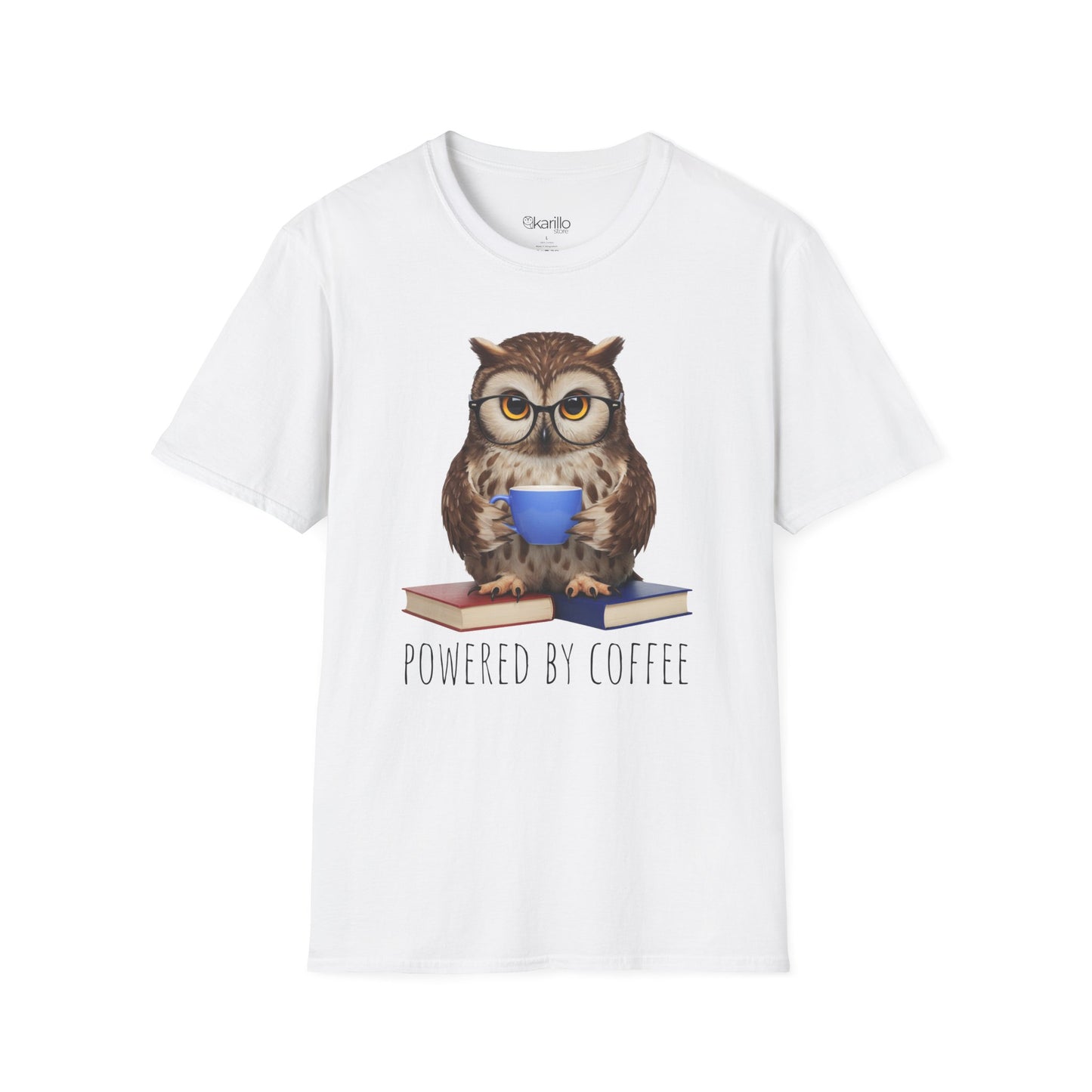 White t-shirt with an owl graphic and 'Powered by Coffee' text on a white background