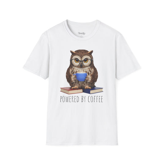 White t-shirt with an owl graphic and 'Powered by Coffee' text on a white background
