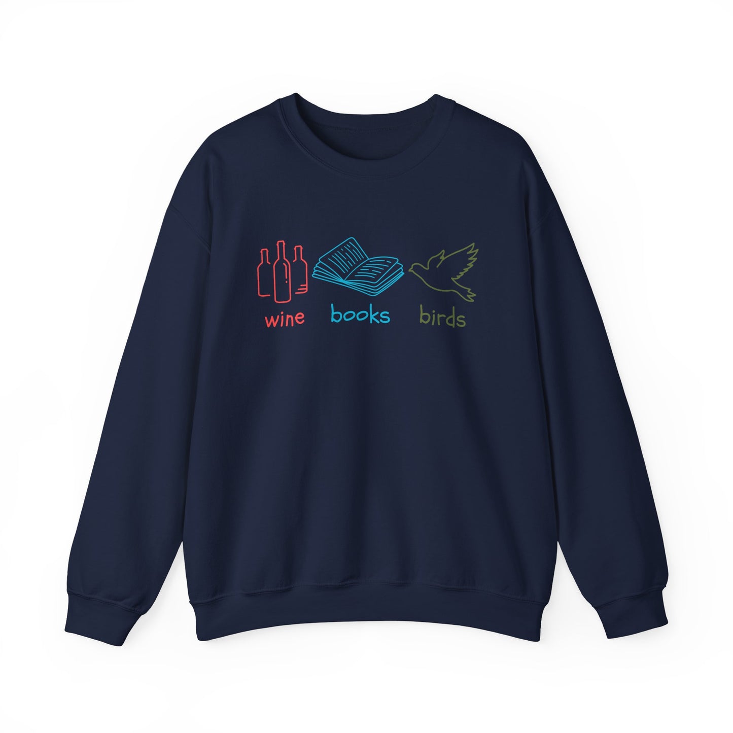Navy blue sweatshirt with colorful graphics and text on a white background