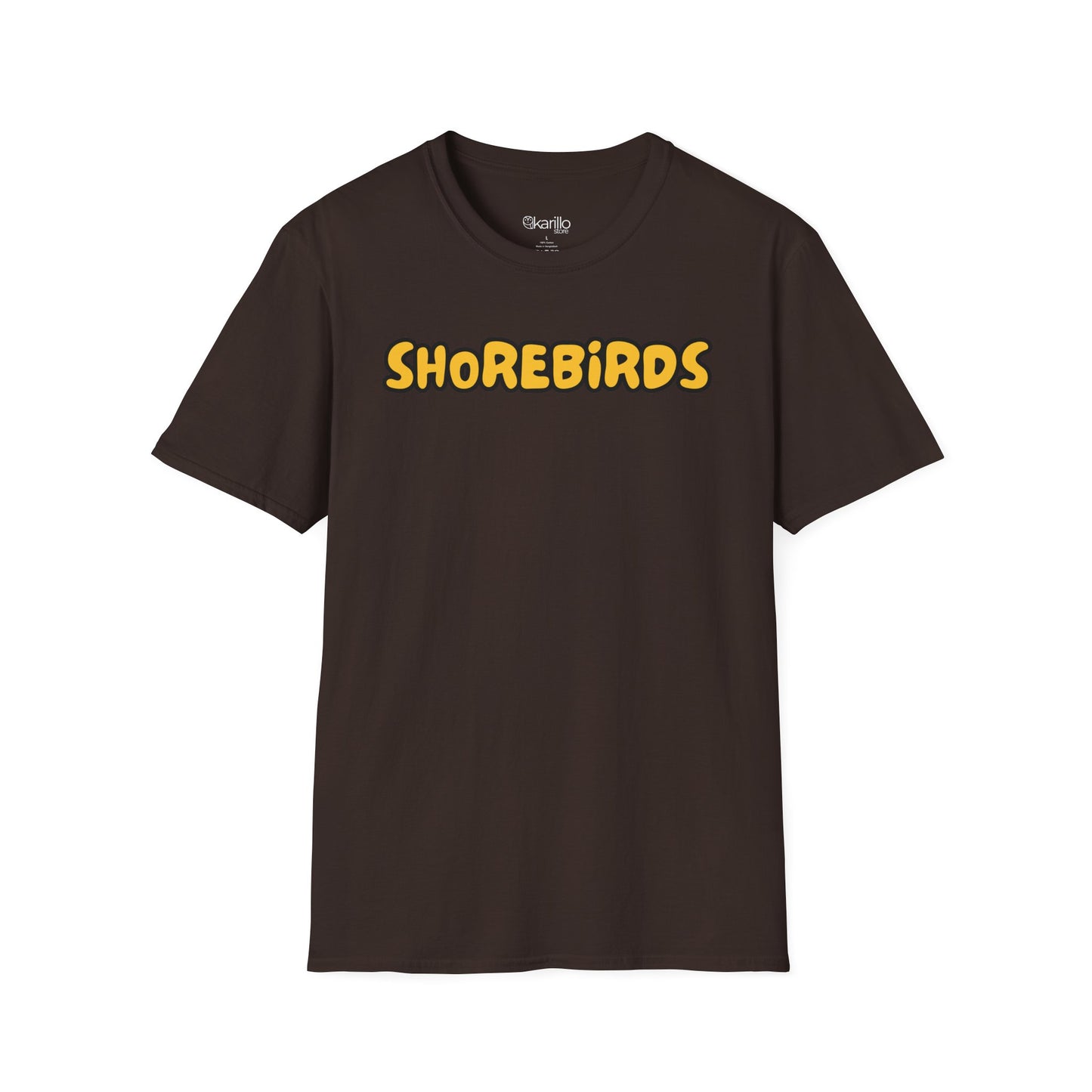 Brown t-shirt with 'SHOREBIRDS' text on a white background