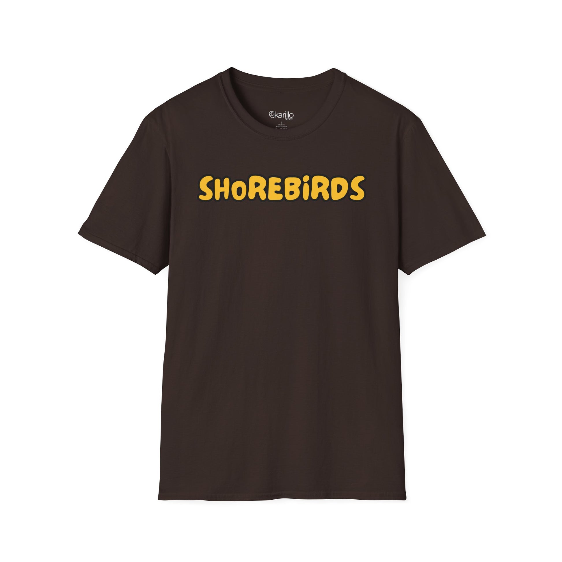 Brown t-shirt with 'SHOREBIRDS' text on a white background