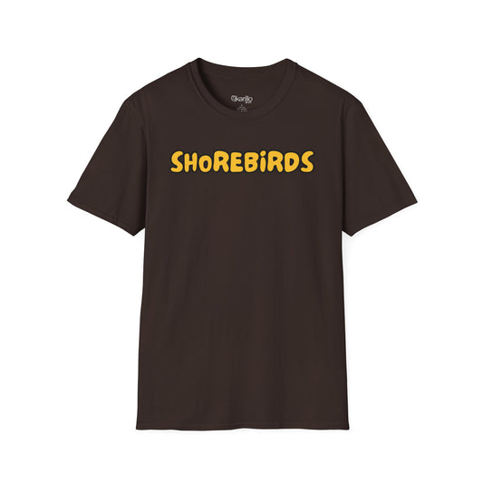 Brown t-shirt with 'SHOREBIRDS' text on a white background