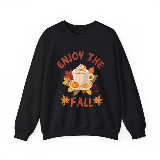 Black sweatshirt with 'Enjoy the Fall' text and autumn-themed graphics on a white background