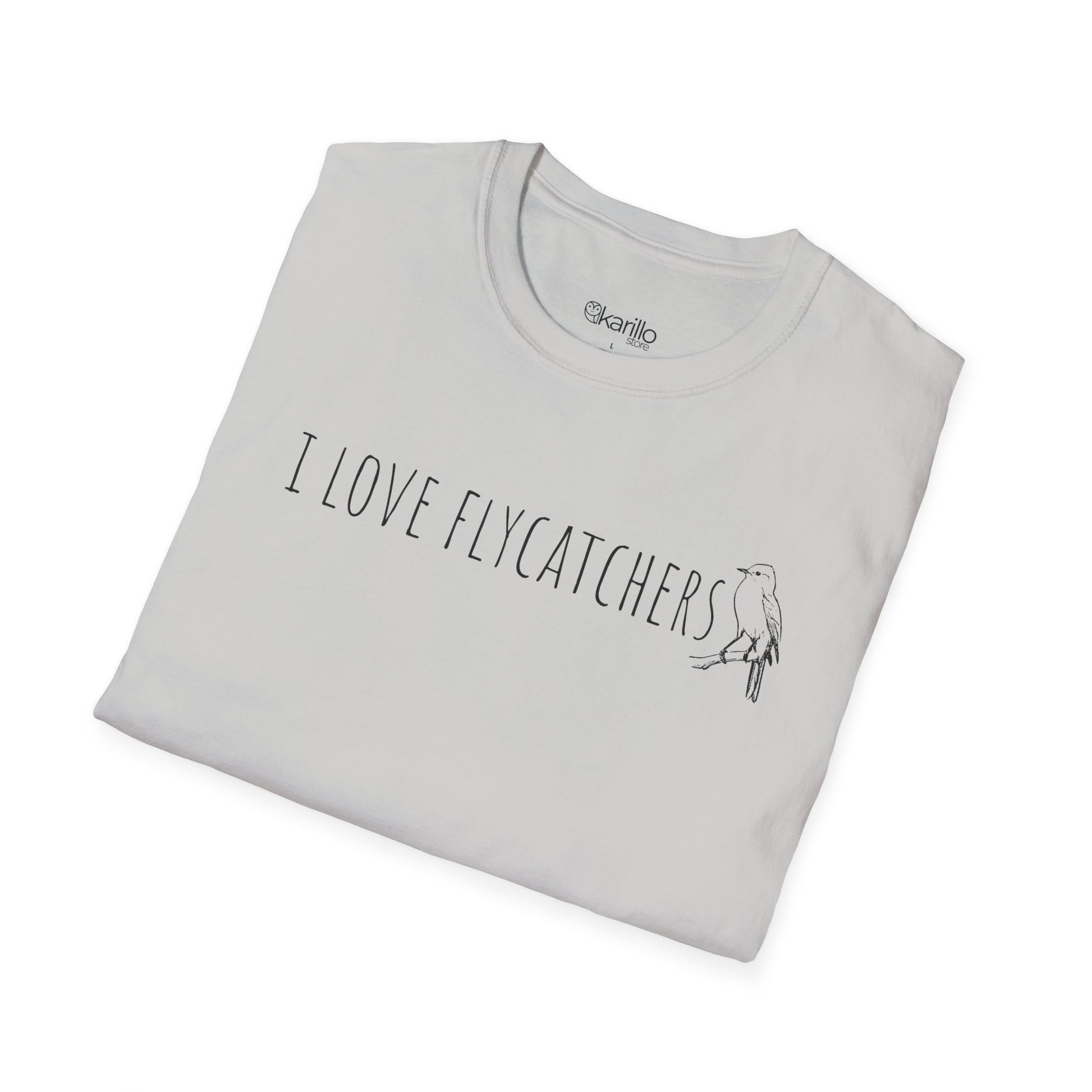 Folded light gray t-shirt with 'I Love Flycatchers' text and bird illustration on a white background
