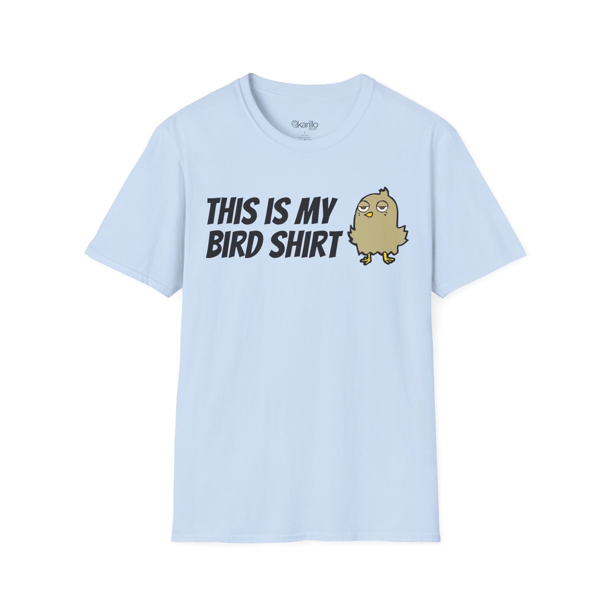 Light blue t-shirt with "this is my bird shirt" with a graphic cartoon bird on a  white background.