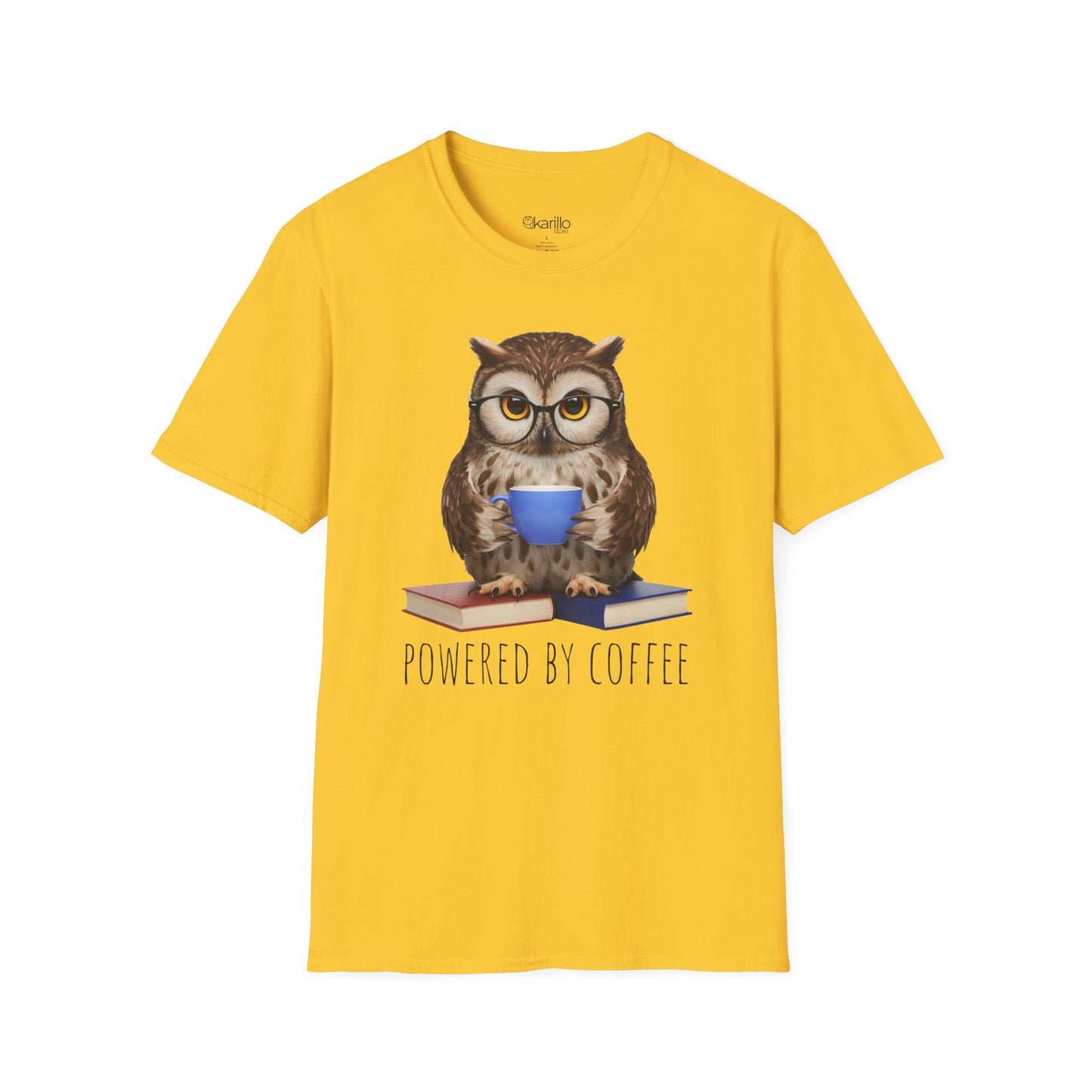 Yellow t-shirt with an owl graphic and 'Powered by Coffee' text on a white background