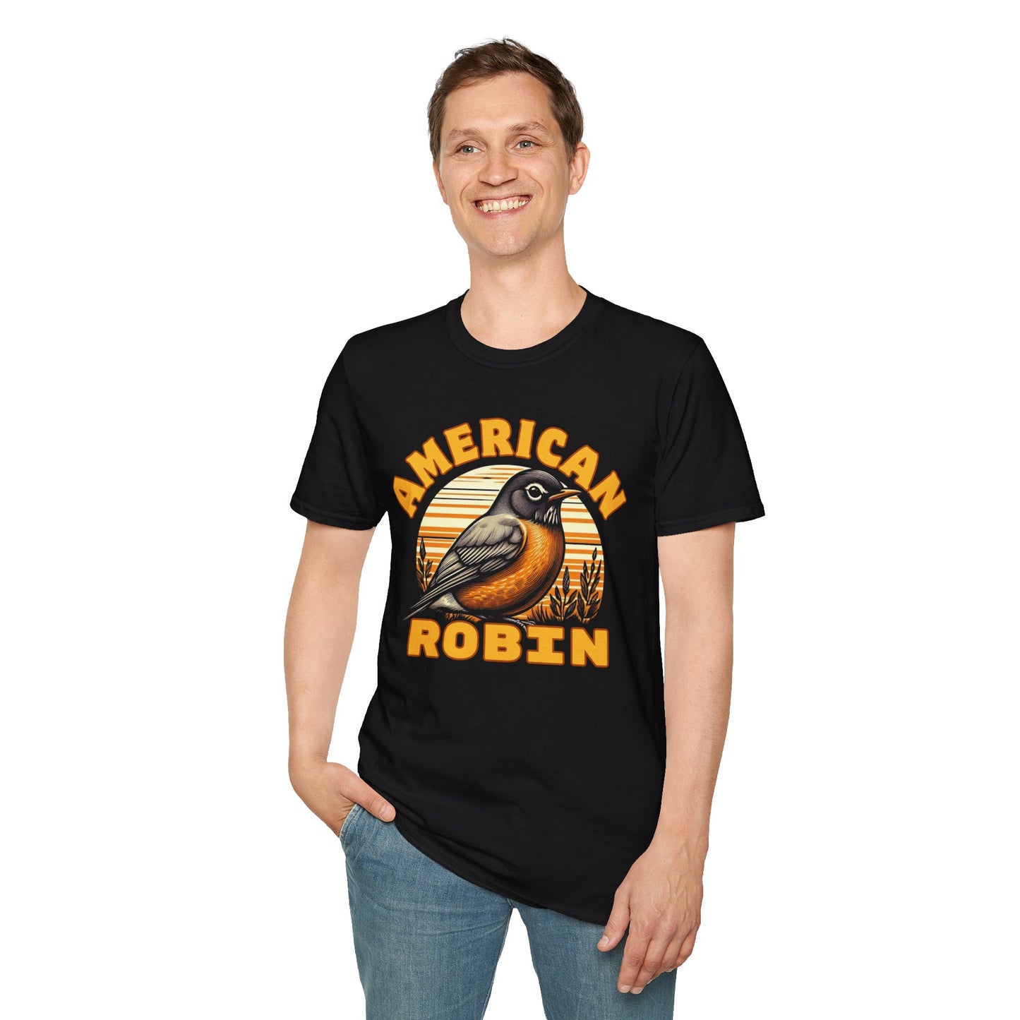 Person wearing a black t-shirt with 'American Robin' design on a white background