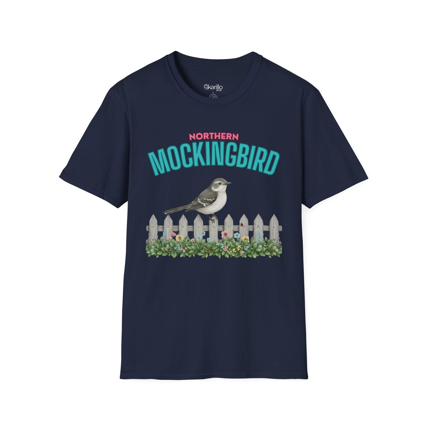 A navy blue t-shirt with a graphic print featuring the text 'NORTHERN MOCKINGBIRD' in teal and pink, an illustration of a mockingbird perched on a white picket fence with green foliage, with white background.