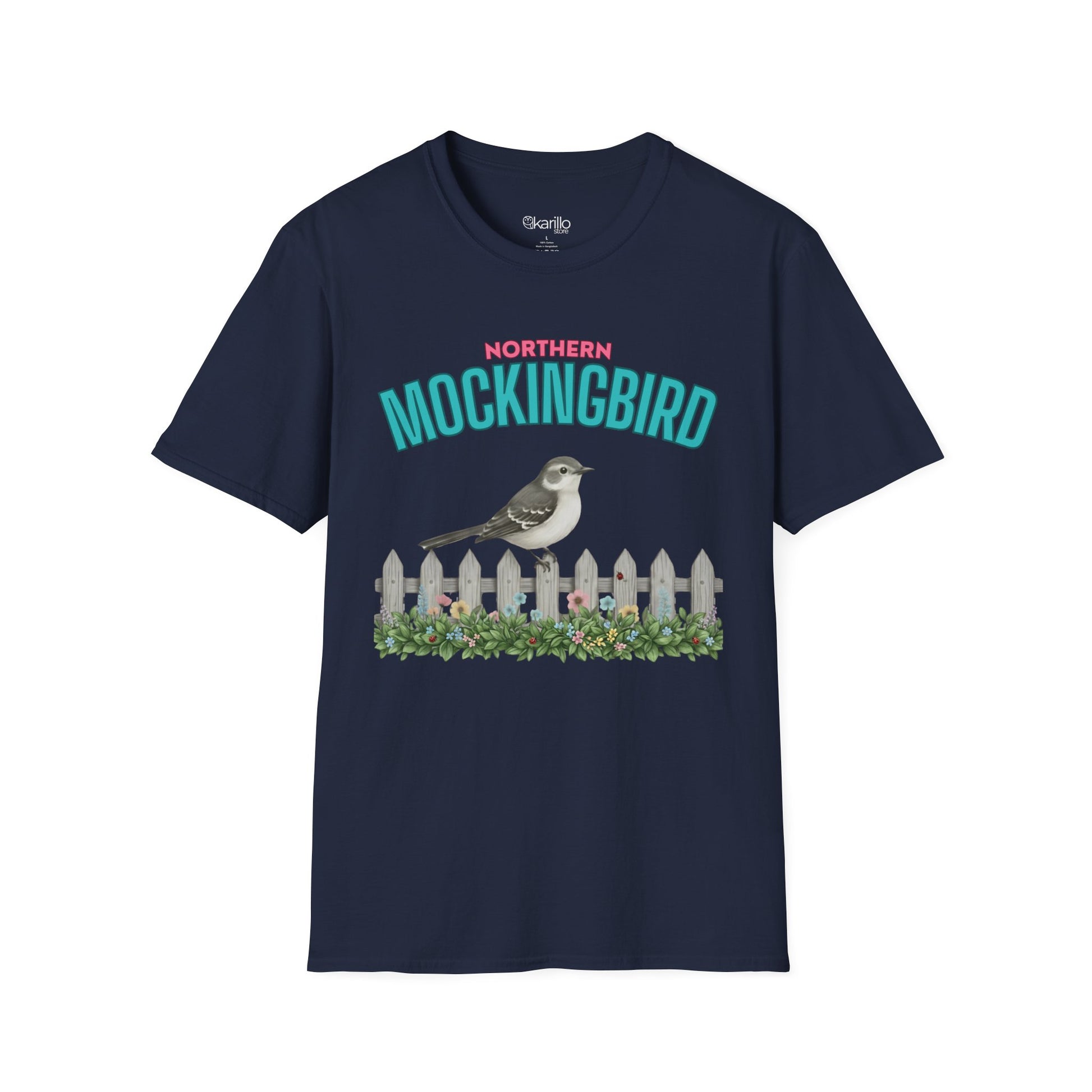 A navy blue t-shirt with a graphic print featuring the text 'NORTHERN MOCKINGBIRD' in teal and pink, an illustration of a mockingbird perched on a white picket fence with green foliage, with white background.