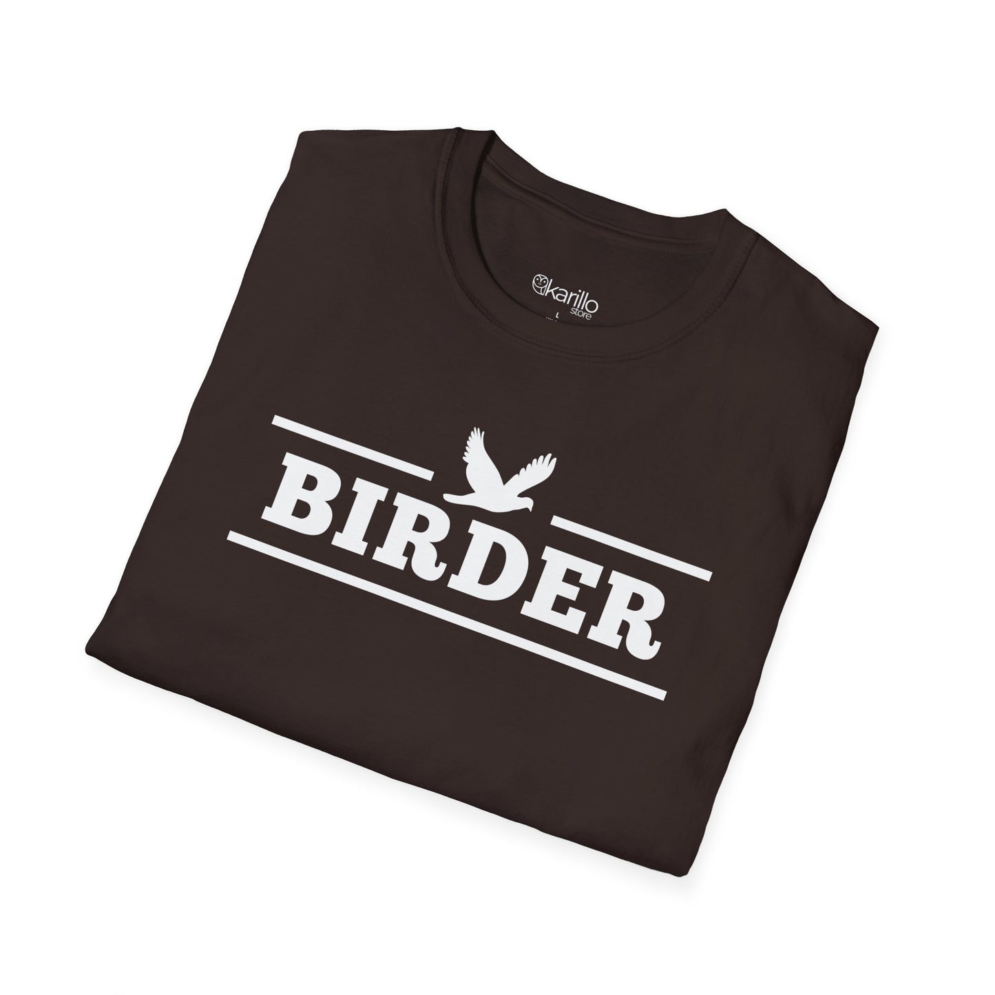 Folded chocolate brown Birder t-shirt from Karillo Store, featuring a white birding graphic and custom interior neck label.