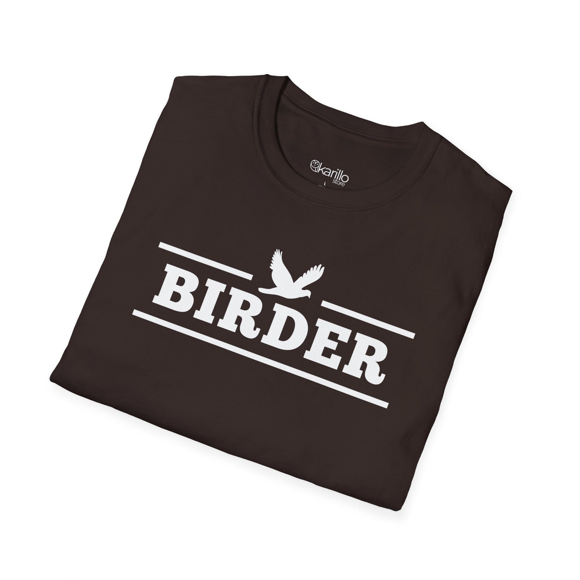 Folded chocolate brown Birder t-shirt from Karillo Store, featuring a white birding graphic and custom interior neck label.