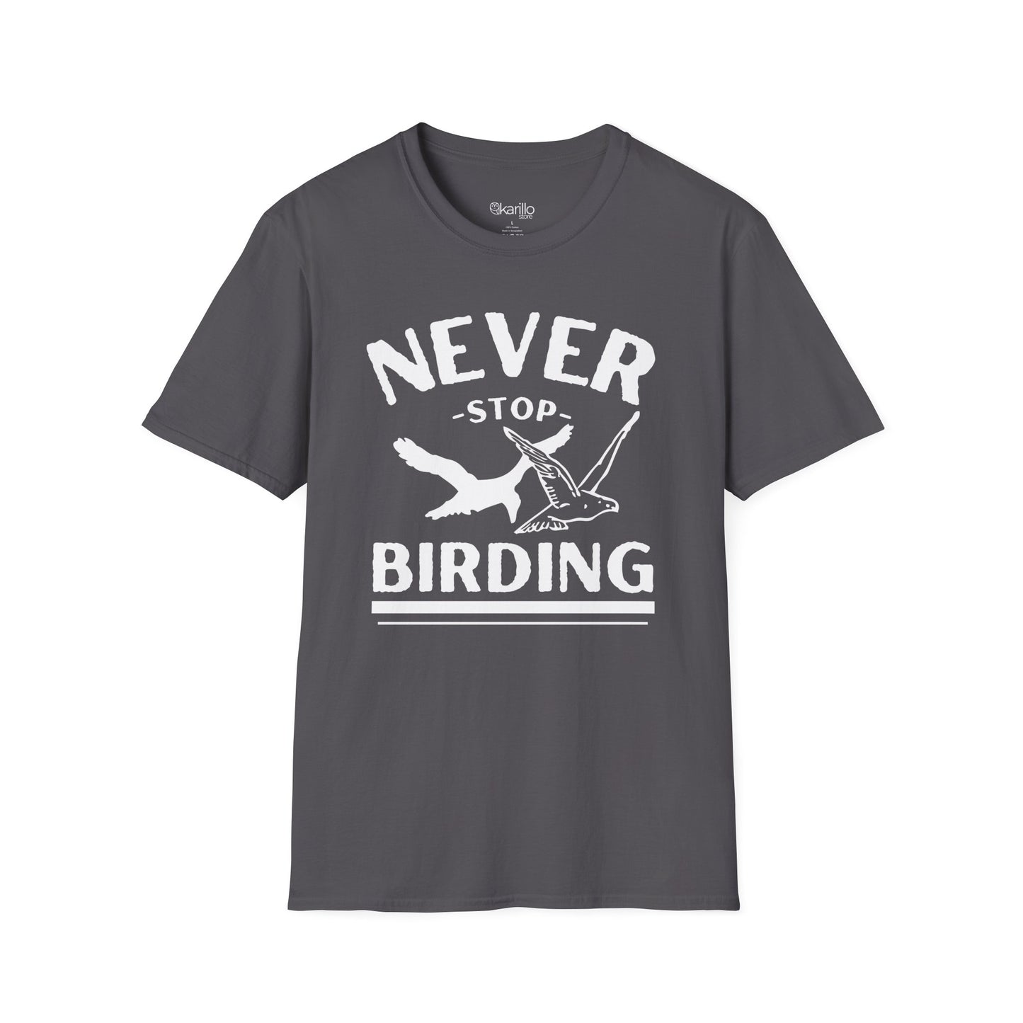front view of gray t-shirt with 'Never Stop Birding' text and bird graphics on a white background