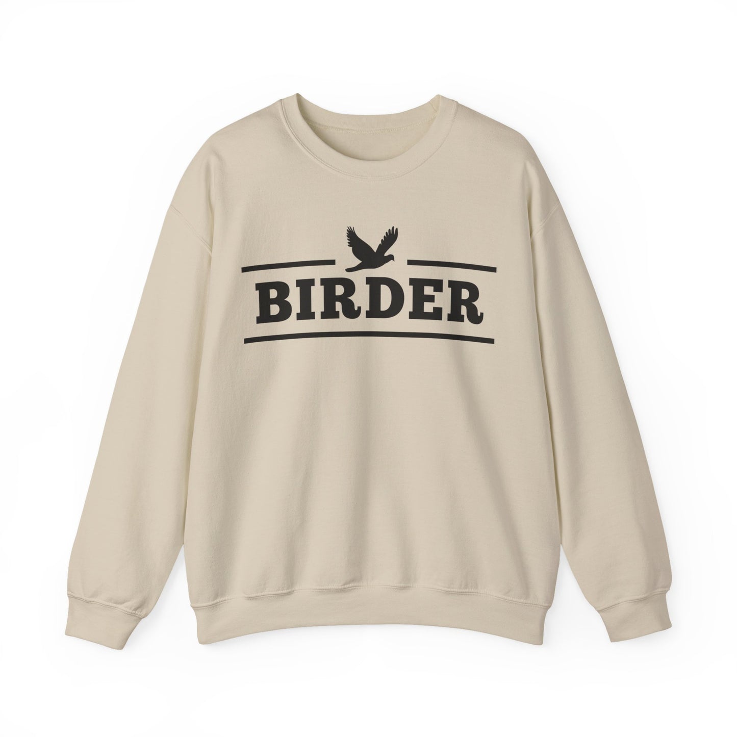 Beige sweatshirt with 'BIRDER' text and bird graphic on a white background