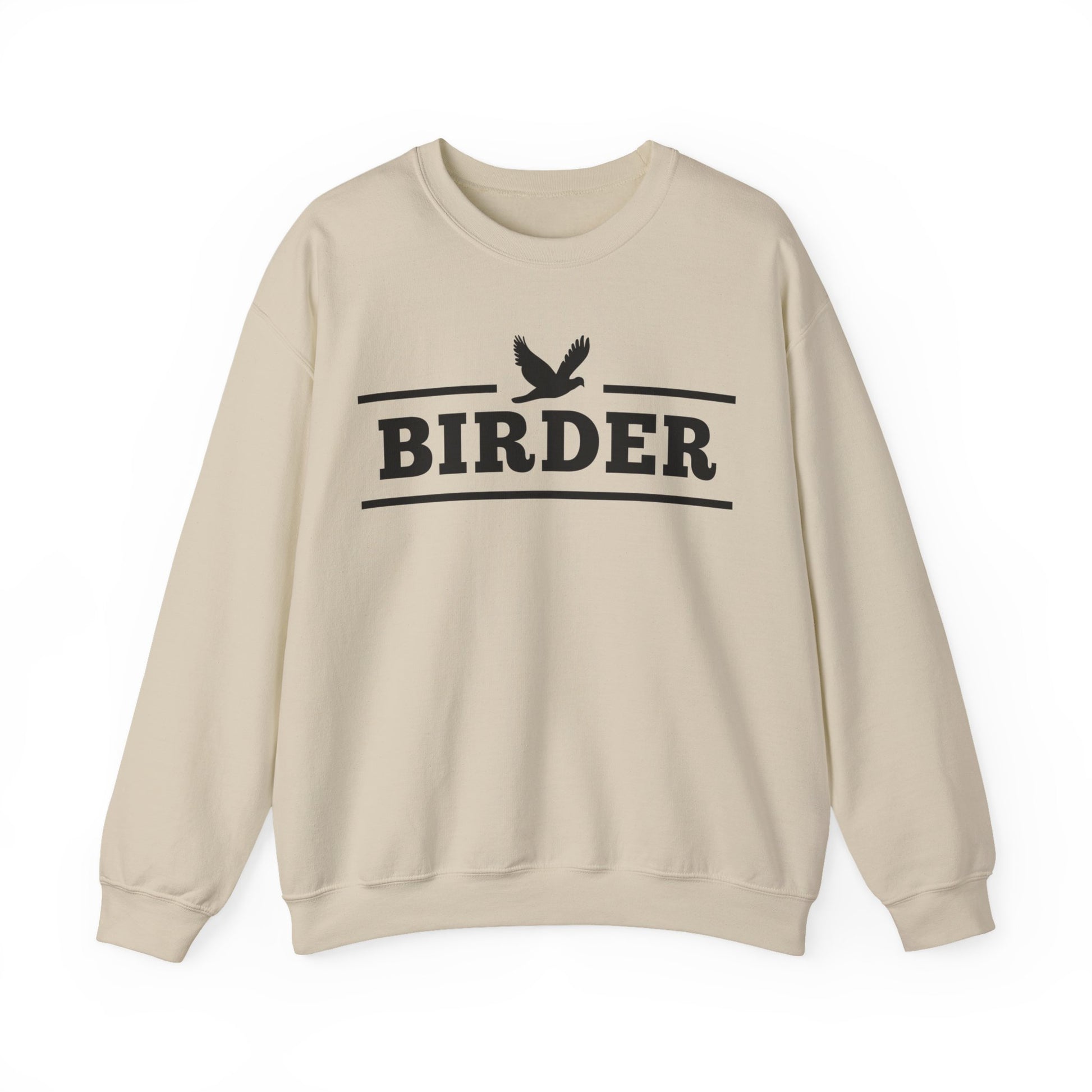 Beige sweatshirt with 'BIRDER' text and bird graphic on a white background
