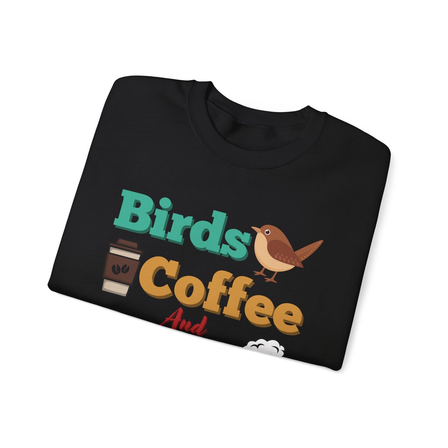Folded black sweatshirt with colorful "bird, coffee, beers" text and graphics on a white background