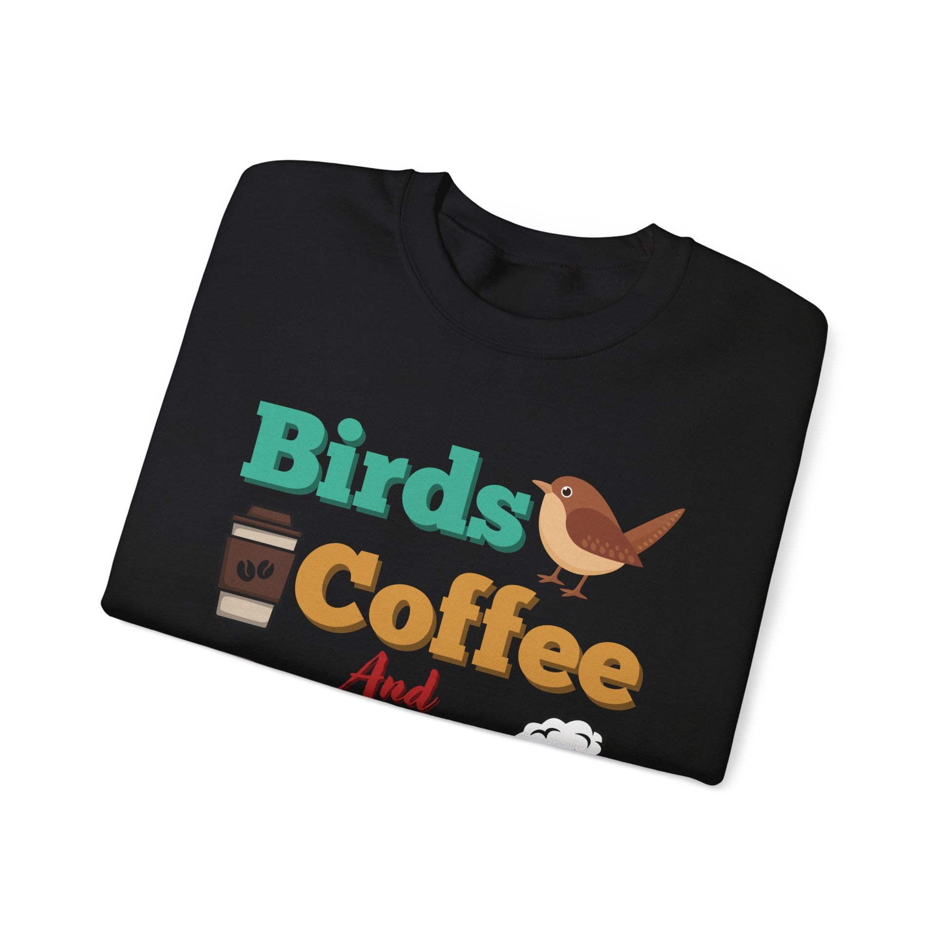 Folded black sweatshirt with colorful "bird, coffee, beers" text and graphics on a white background