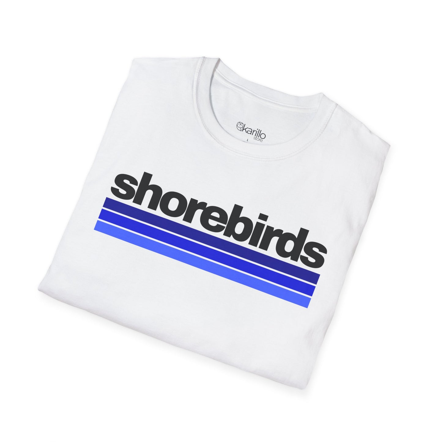 Folded view of white t-shirt with 'shorebirds' text and blue stripes on a white background
