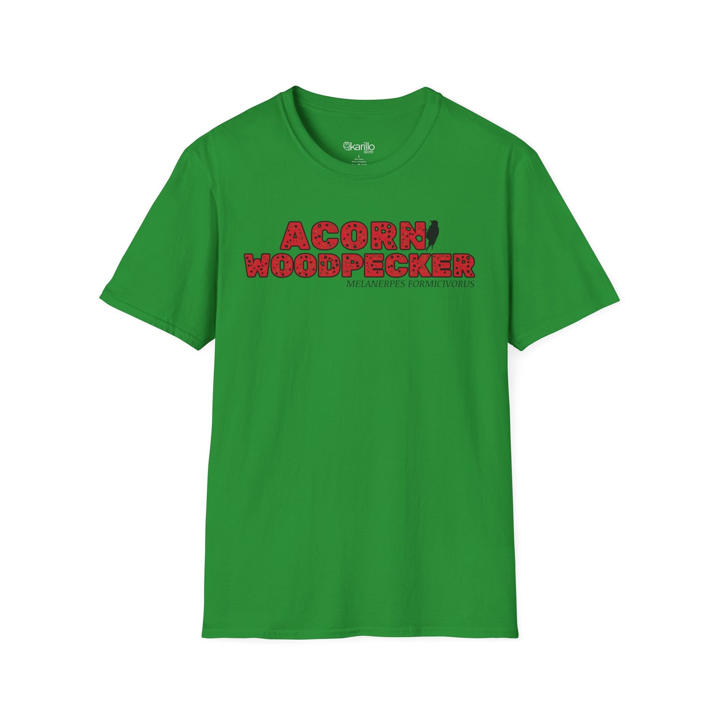 Green t-shirt with "acorn woodpecker bird" text on a white background
