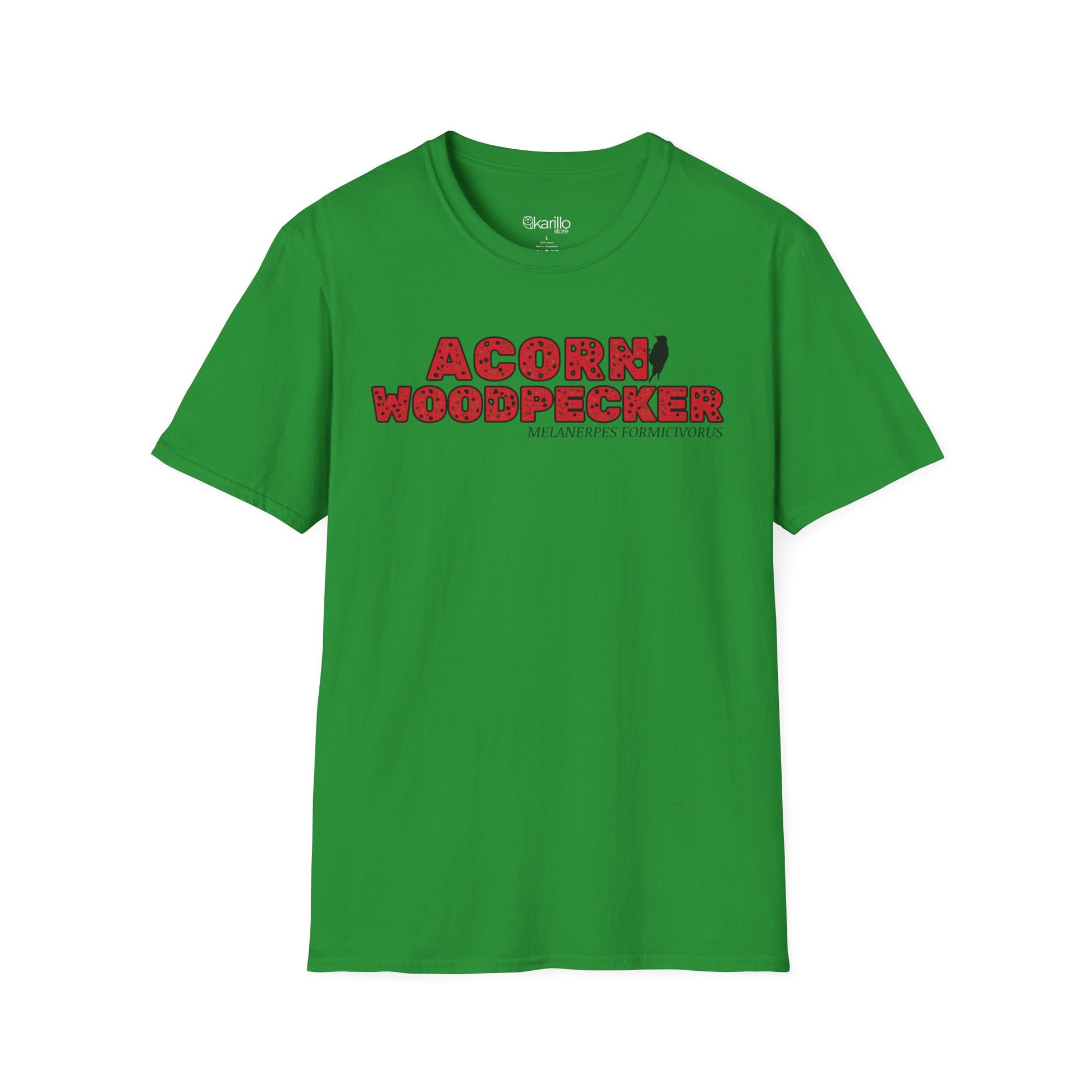 Green t-shirt with "acorn woodpecker bird" text on a white background