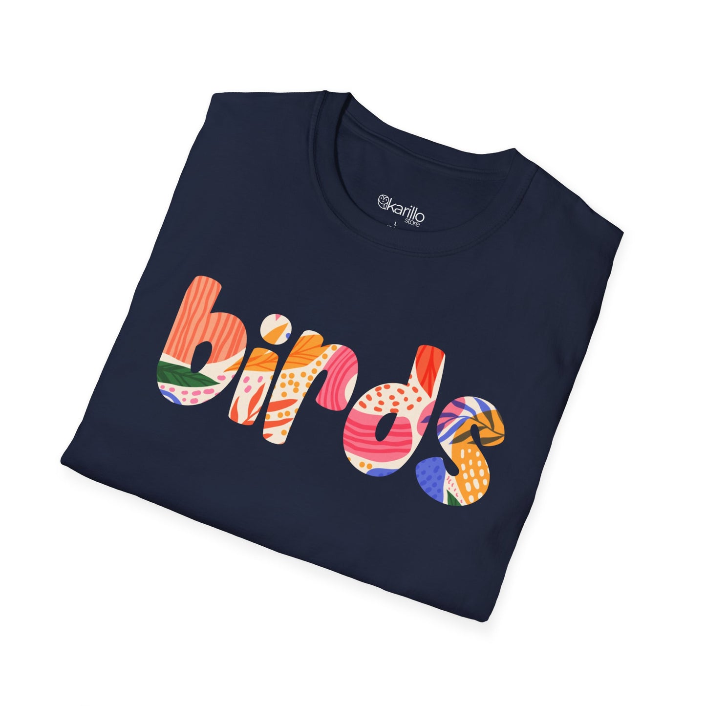 Folded navy blue t-shirt with colorful 'birds' text design on a white background