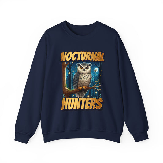 Navy blue sweatshirt with an owl graphic and 'Nocturnal Hunters' text on a white background