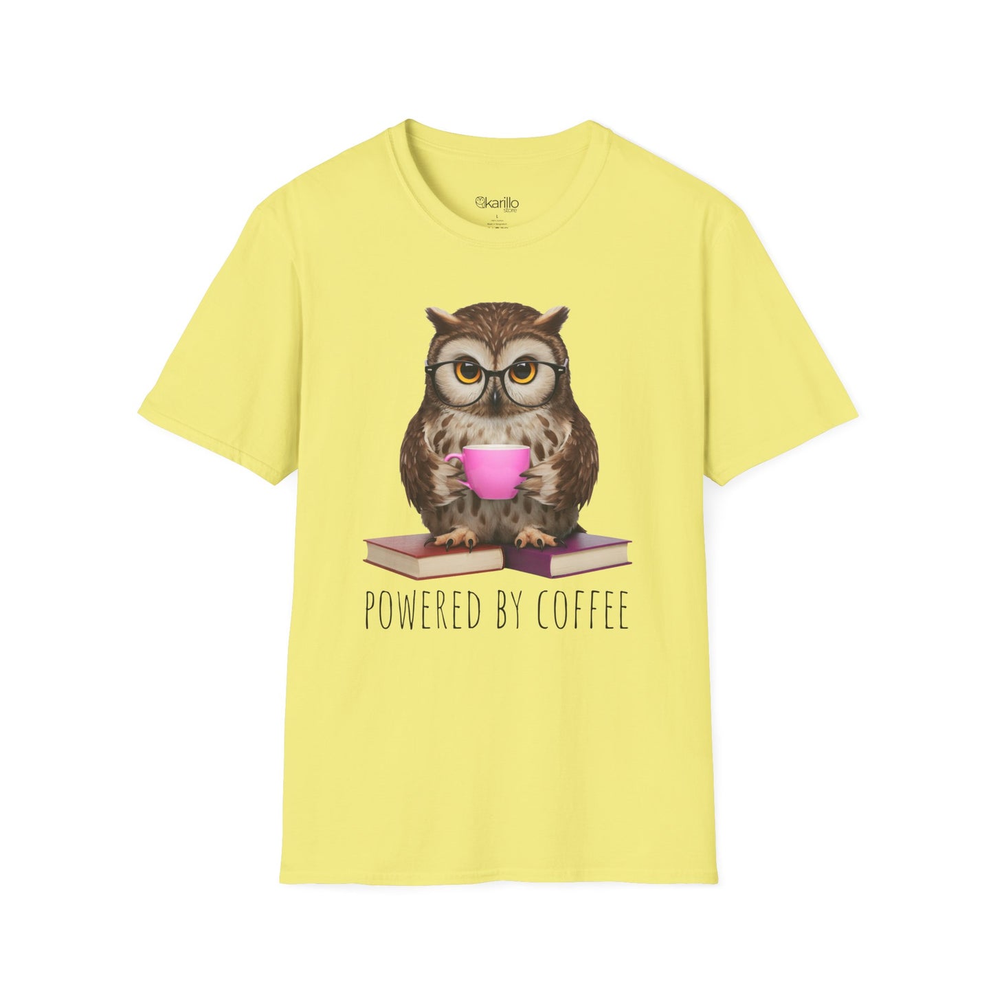 cornsilk color t-shirt with an owl holding a coffee cup and books, text 'Powered by Coffee', on a white background.