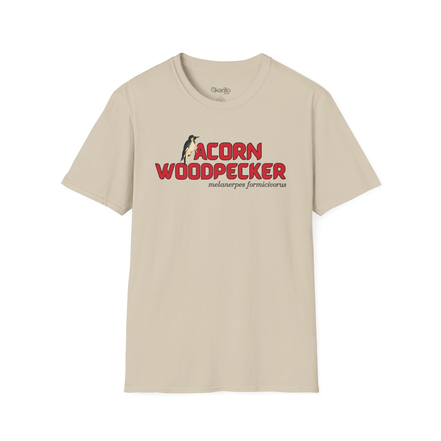 Front view of sand t-shirt with 'acorn woodpecker' text on a white background