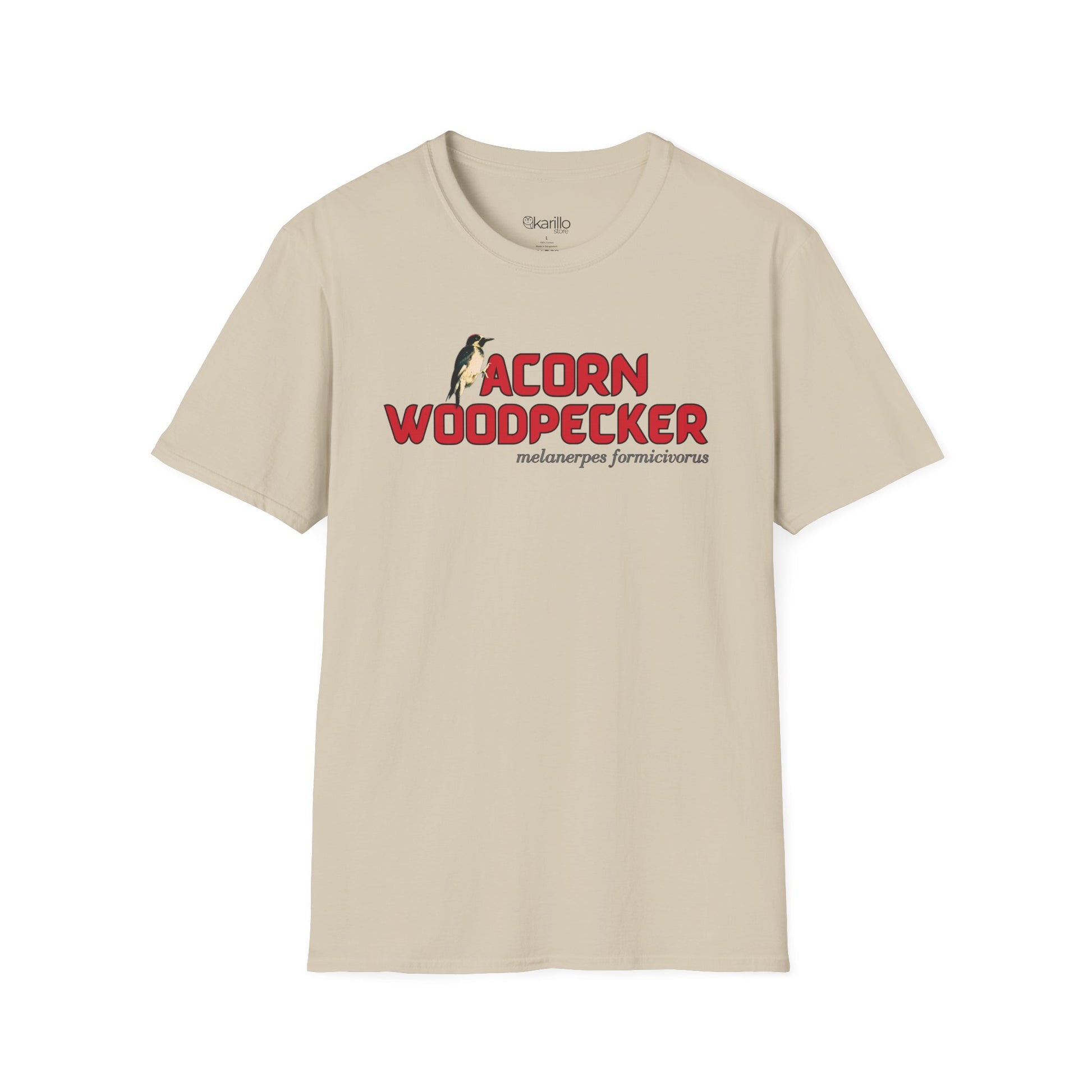 Front view of sand t-shirt with 'acorn woodpecker' text on a white background