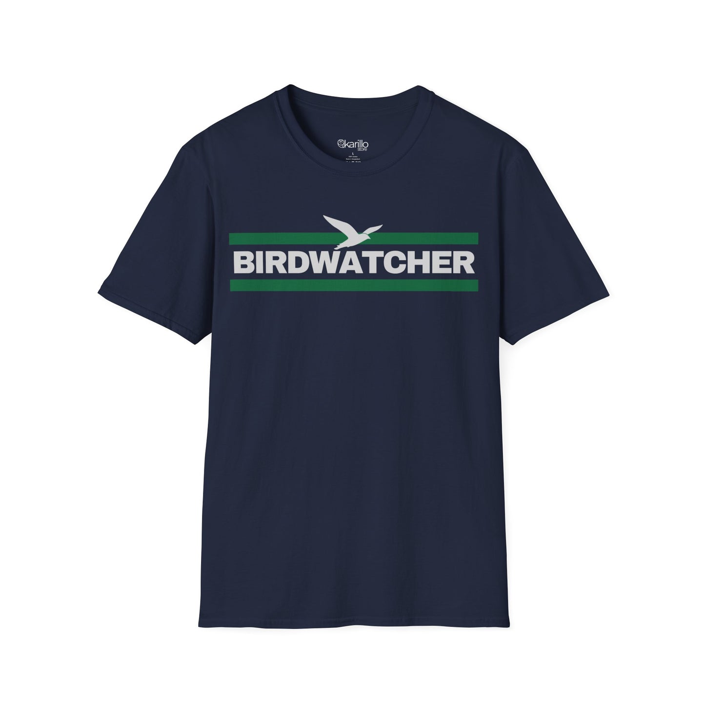 Front view navy blue t-shirt with 'BIRDWATCHER' text and green stripe on a white background
